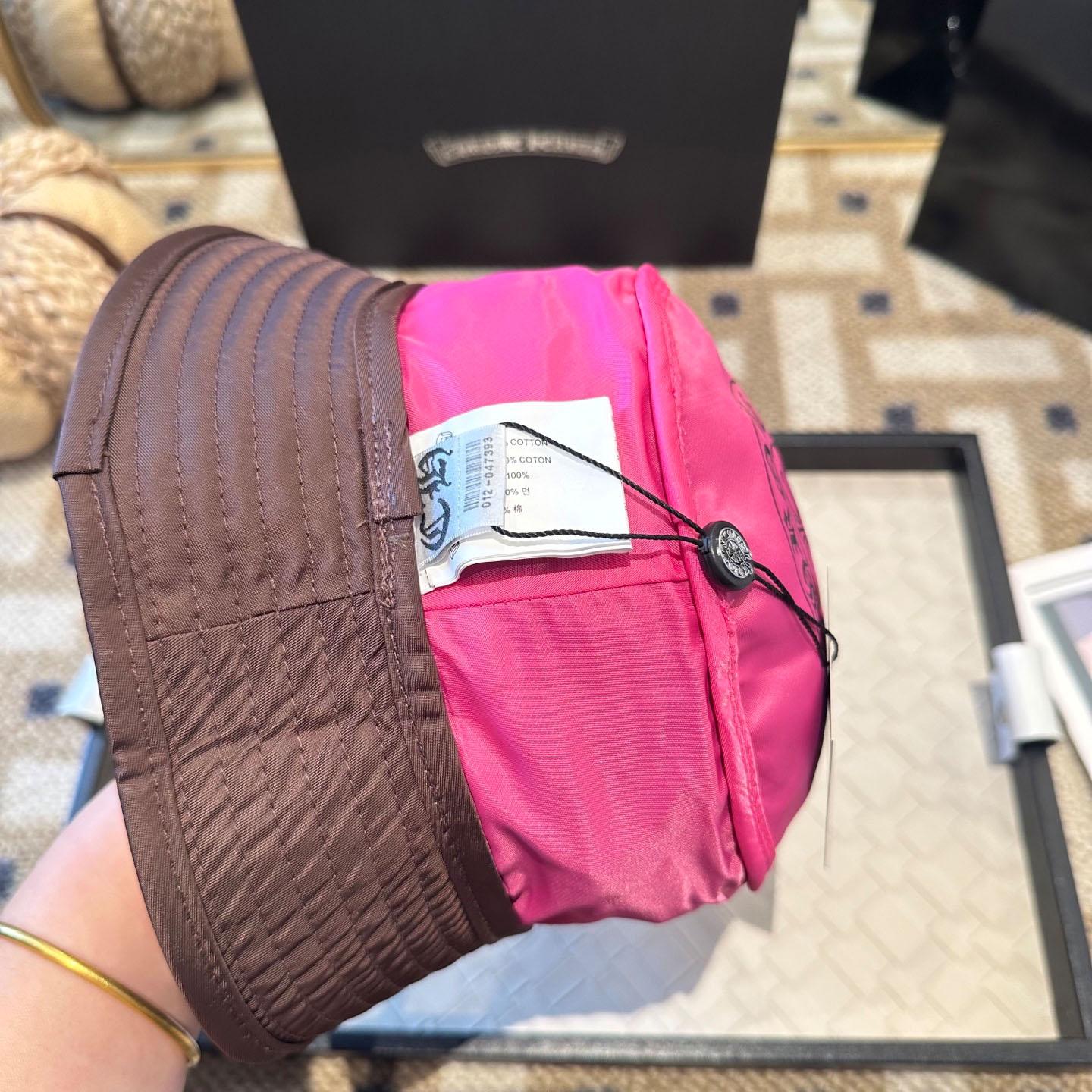 Chrome Heart Pink Leather Cross Patch Brown Bucket Hat - FashionPlug