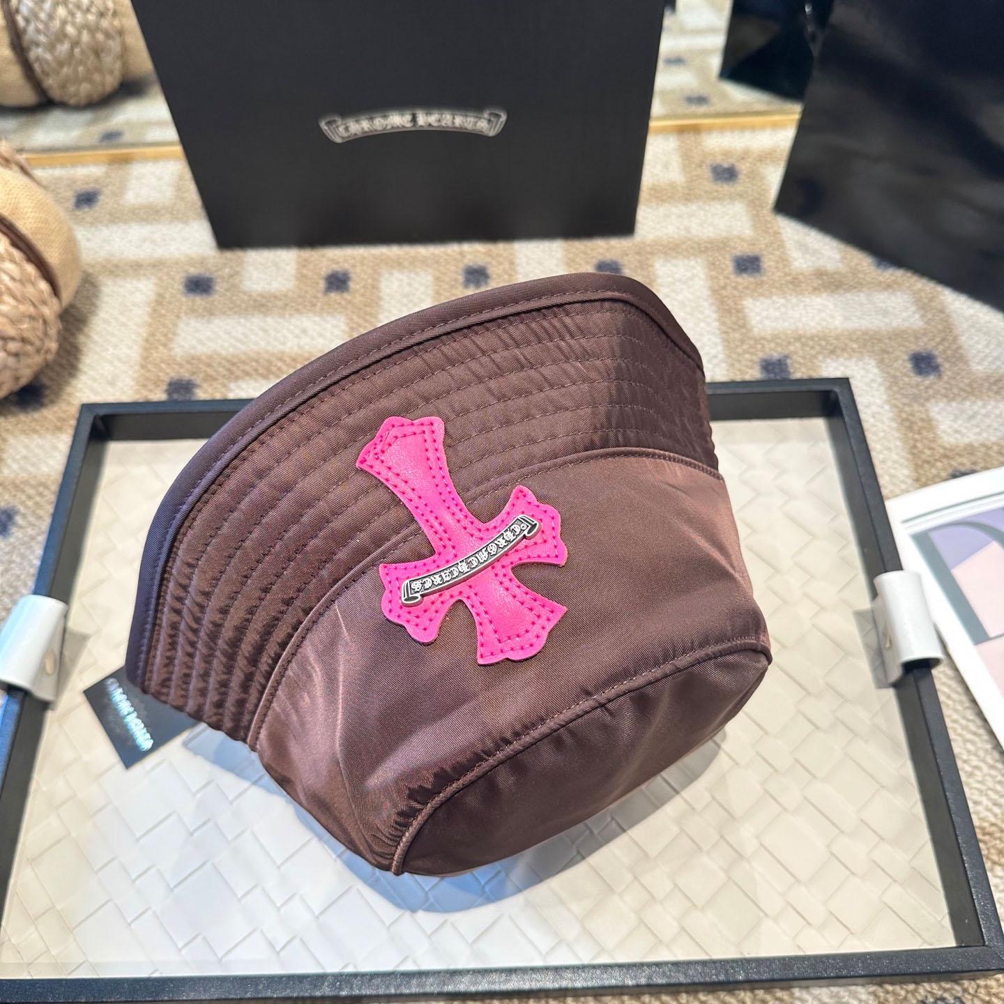 Chrome Heart Pink Leather Cross Patch Brown Bucket Hat - FashionPlug