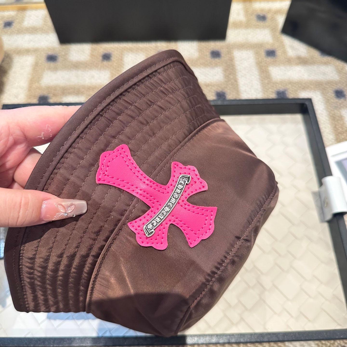 Chrome Heart Pink Leather Cross Patch Brown Bucket Hat - FashionPlug
