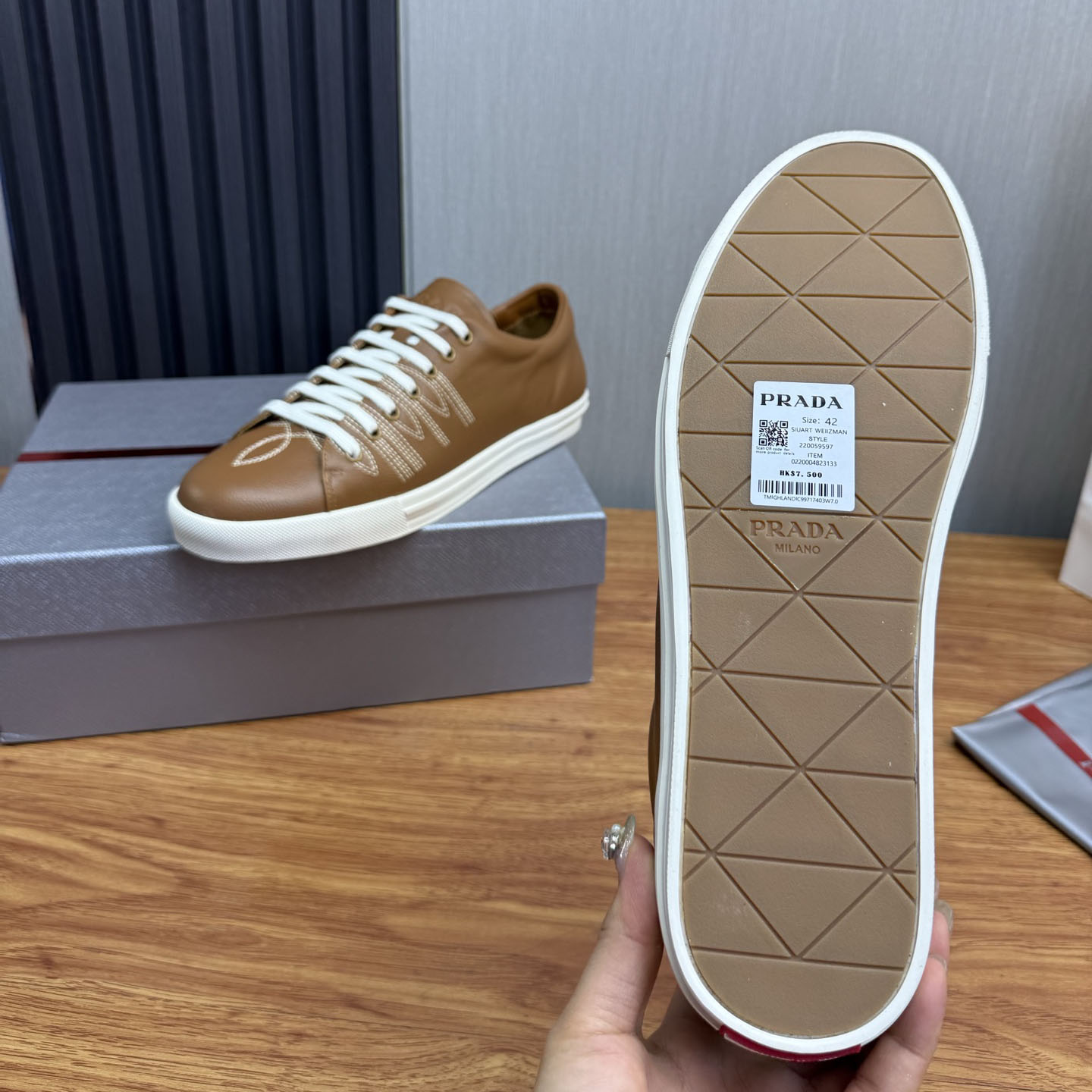 Prada Decorative-Stitching Leather Low-Top Sneakers - FashionPlug