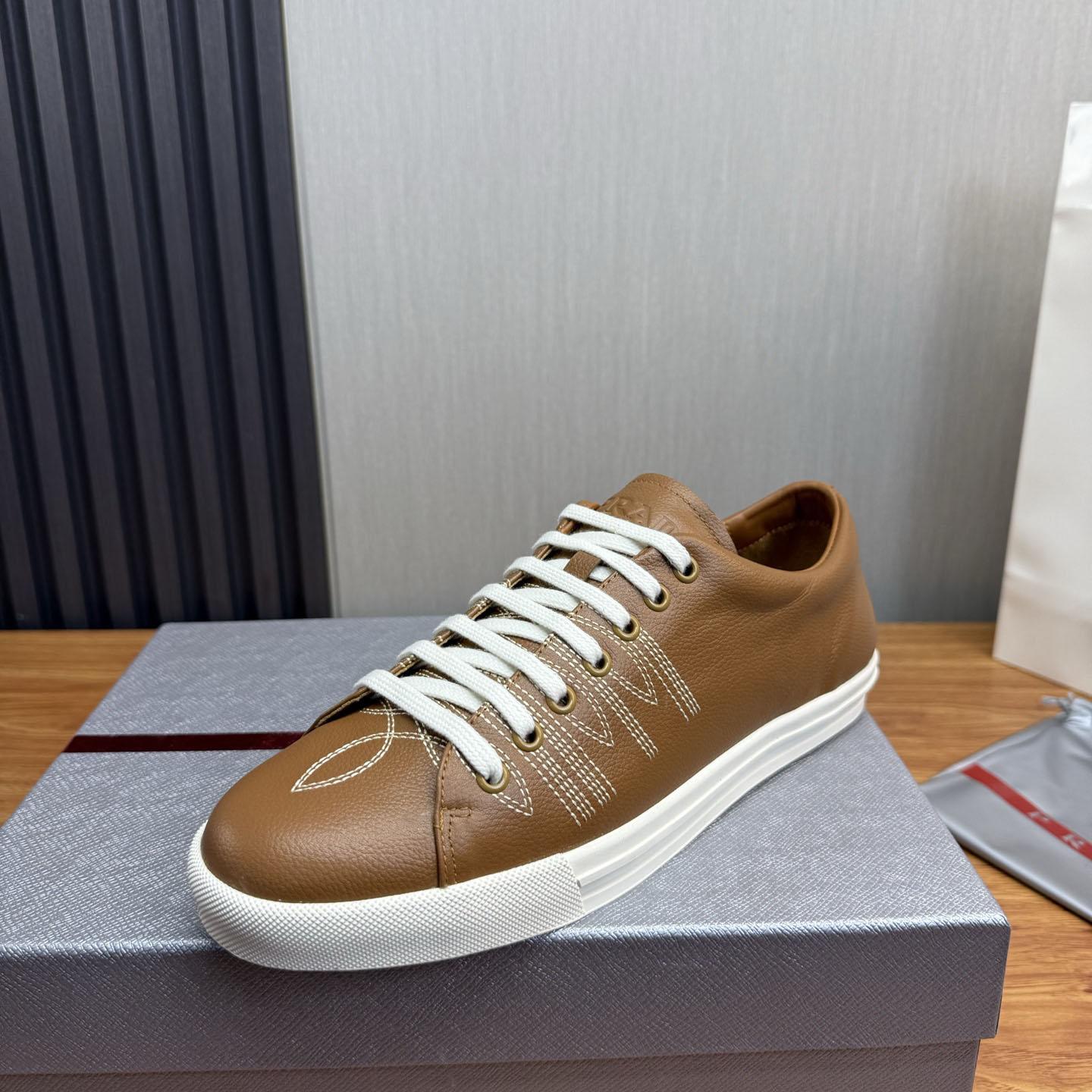 Prada Decorative-Stitching Leather Low-Top Sneakers - FashionPlug