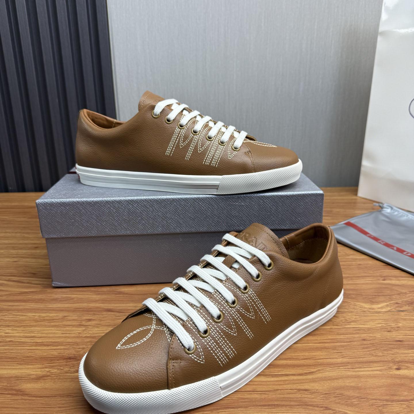 Prada Decorative-Stitching Leather Low-Top Sneakers - FashionPlug