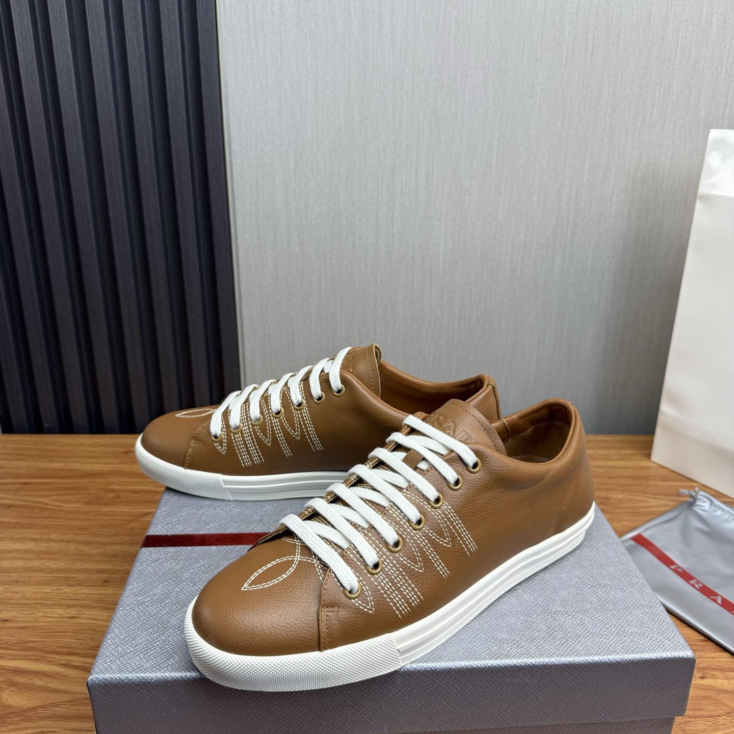 Prada Decorative-Stitching Leather Low-Top Sneakers - FashionPlug