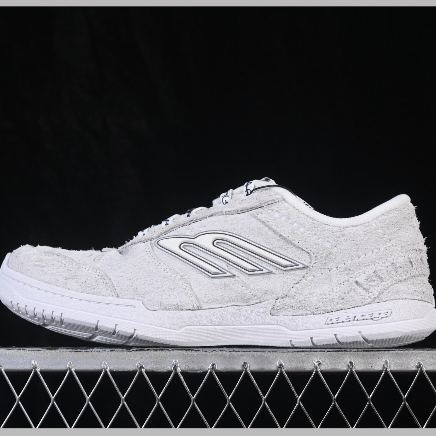 Balenciaga Hamptons Sneaker In Off-white And Black Brushed Suede Cowskin - FashionPlug