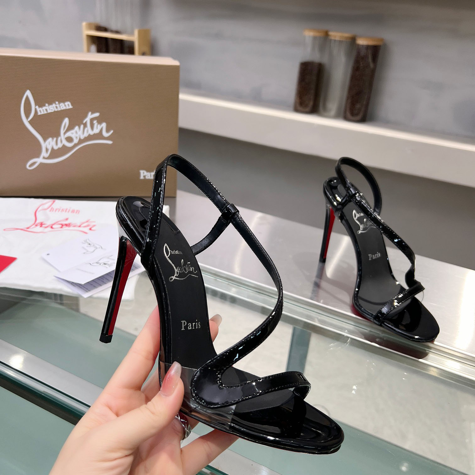 Christian Louboutin Rosa Z  100 mm Sandals  Patent Calf Leather - Black  - FashionPlug