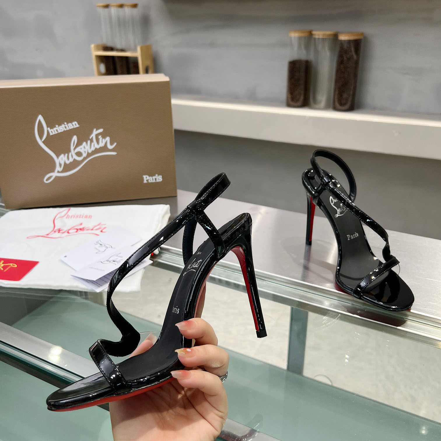 Christian Louboutin Rosa Z  100 mm Sandals  Patent Calf Leather - Black  - FashionPlug