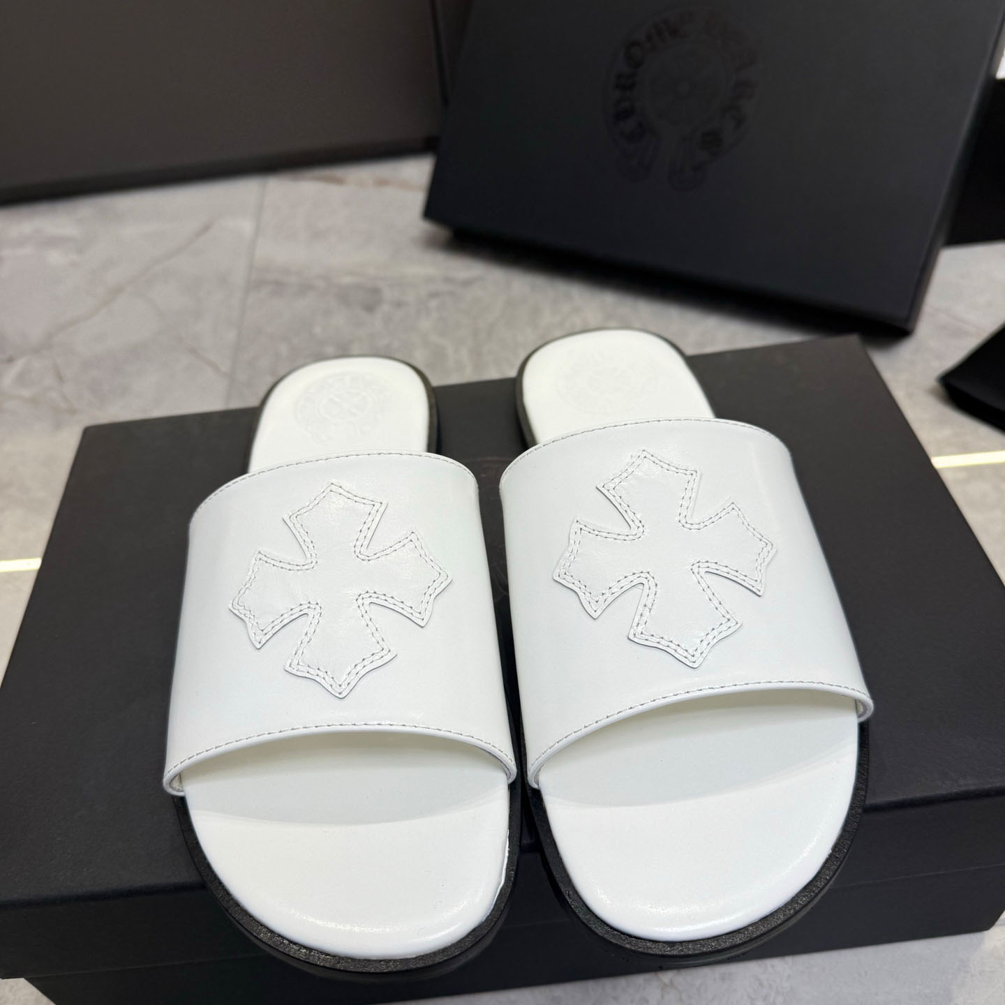 Chrome Hearts White Leather Slide Sandals - FashionPlug