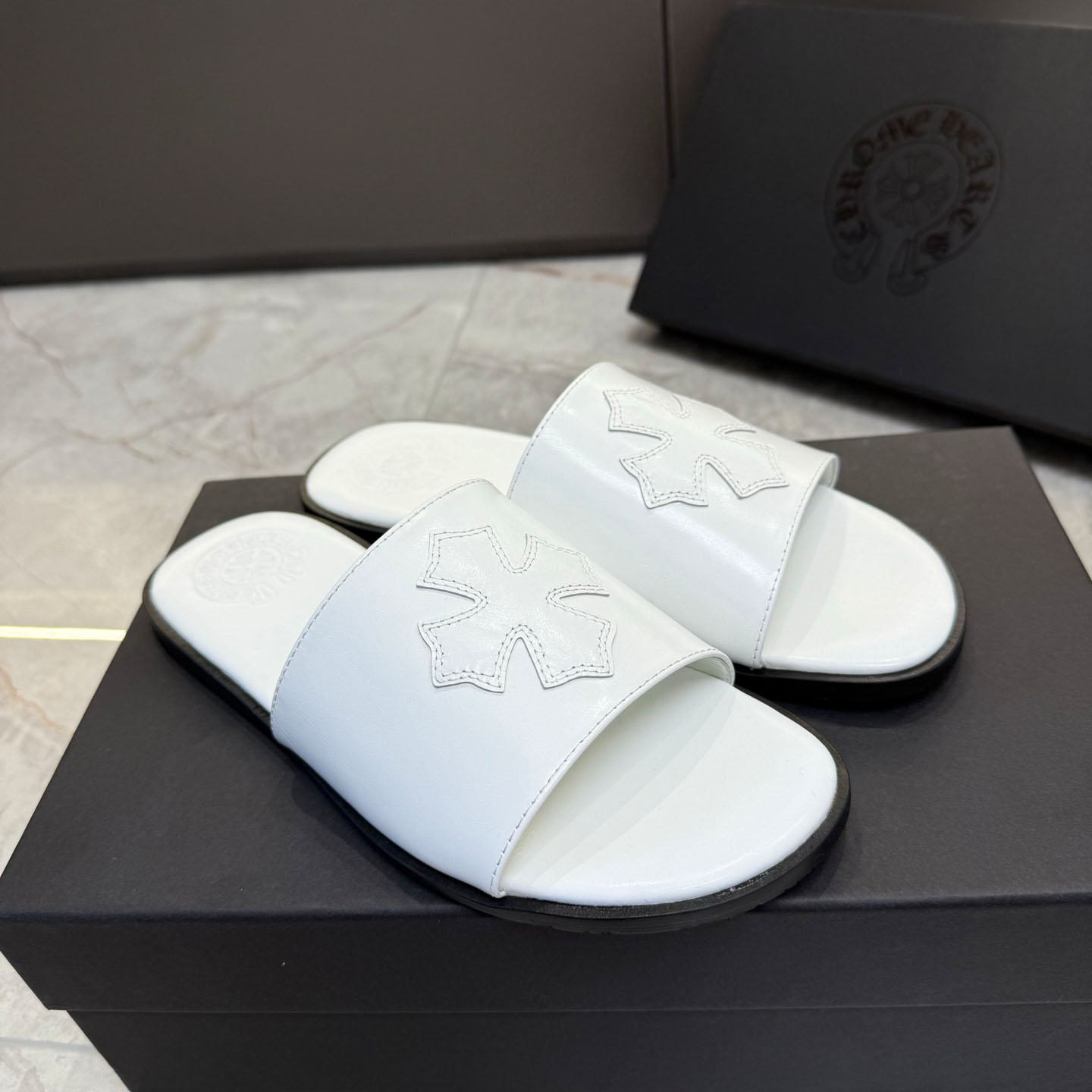 Chrome Hearts White Leather Slide Sandals - FashionPlug