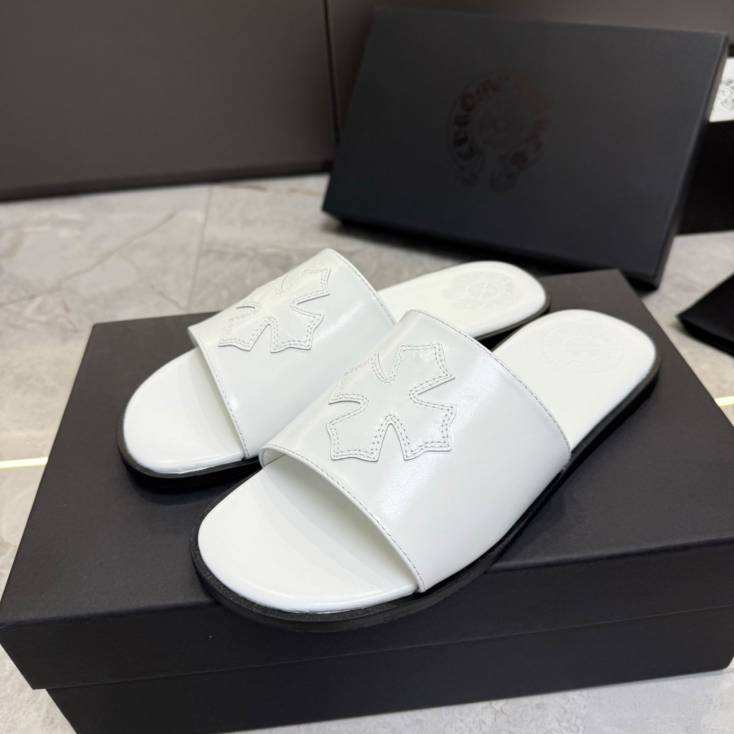 Chrome Hearts White Leather Slide Sandals - FashionPlug