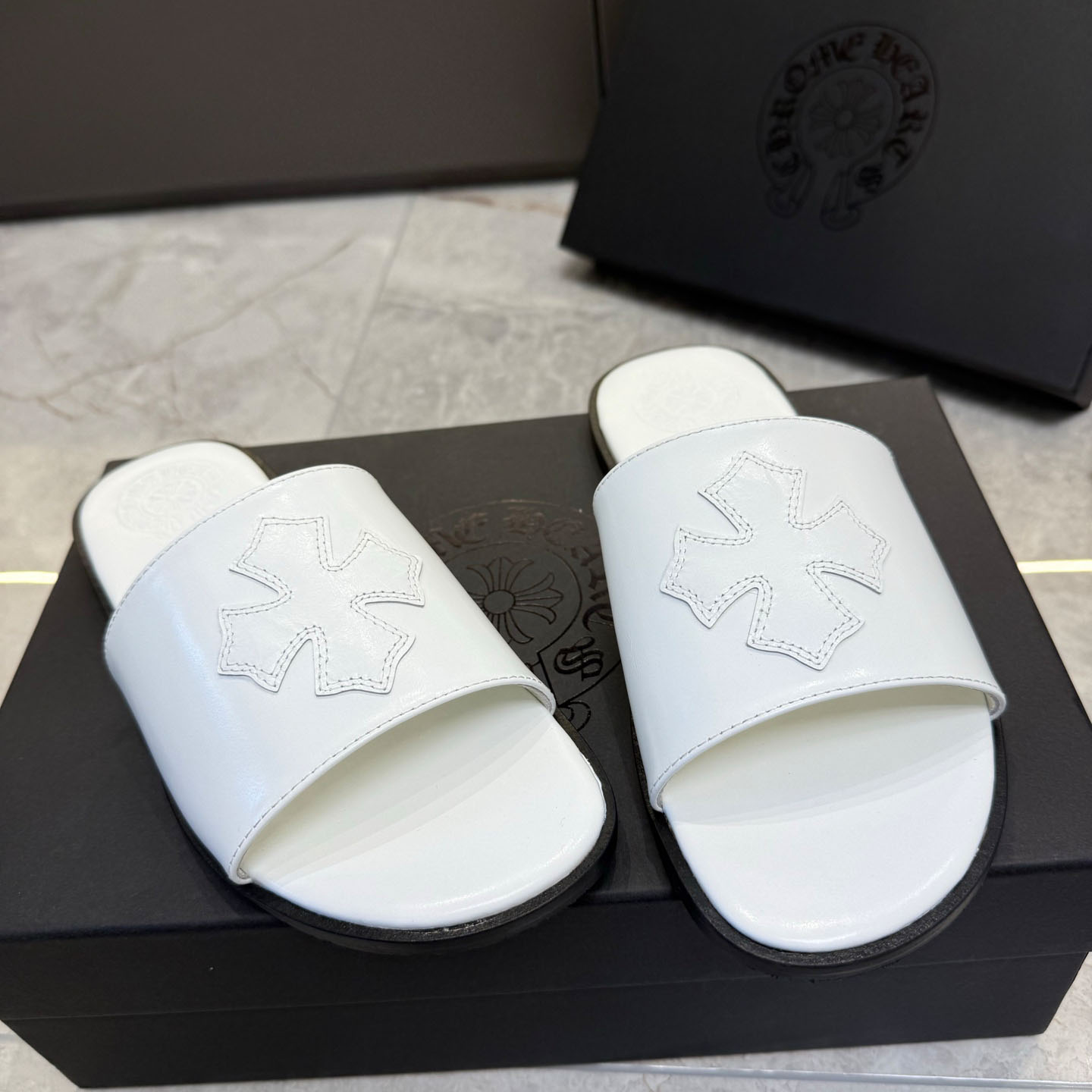 Chrome Hearts White Leather Slide Sandals - FashionPlug