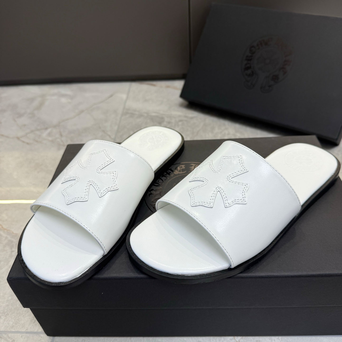 Chrome Hearts White Leather Slide Sandals - FashionPlug