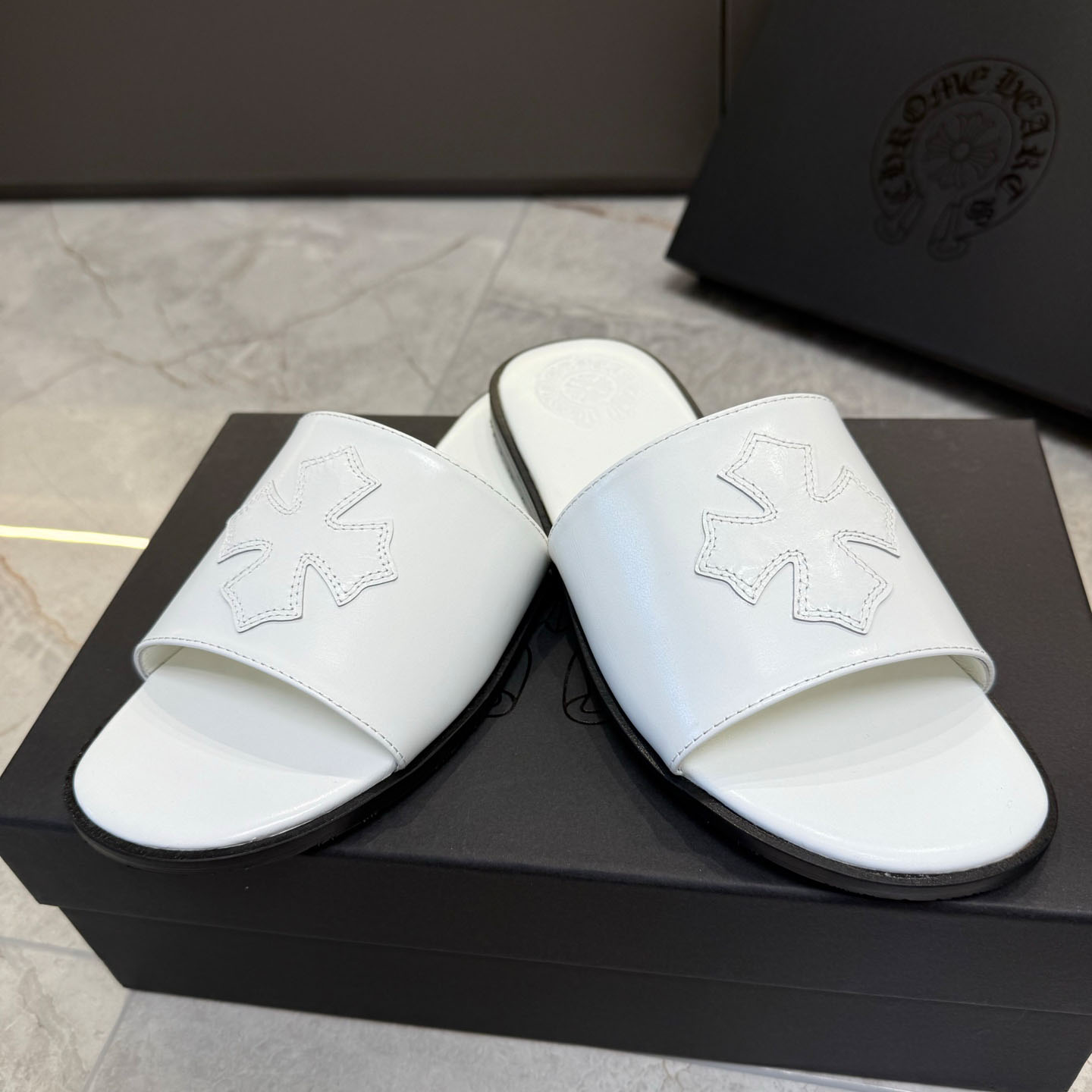 Chrome Hearts White Leather Slide Sandals - FashionPlug