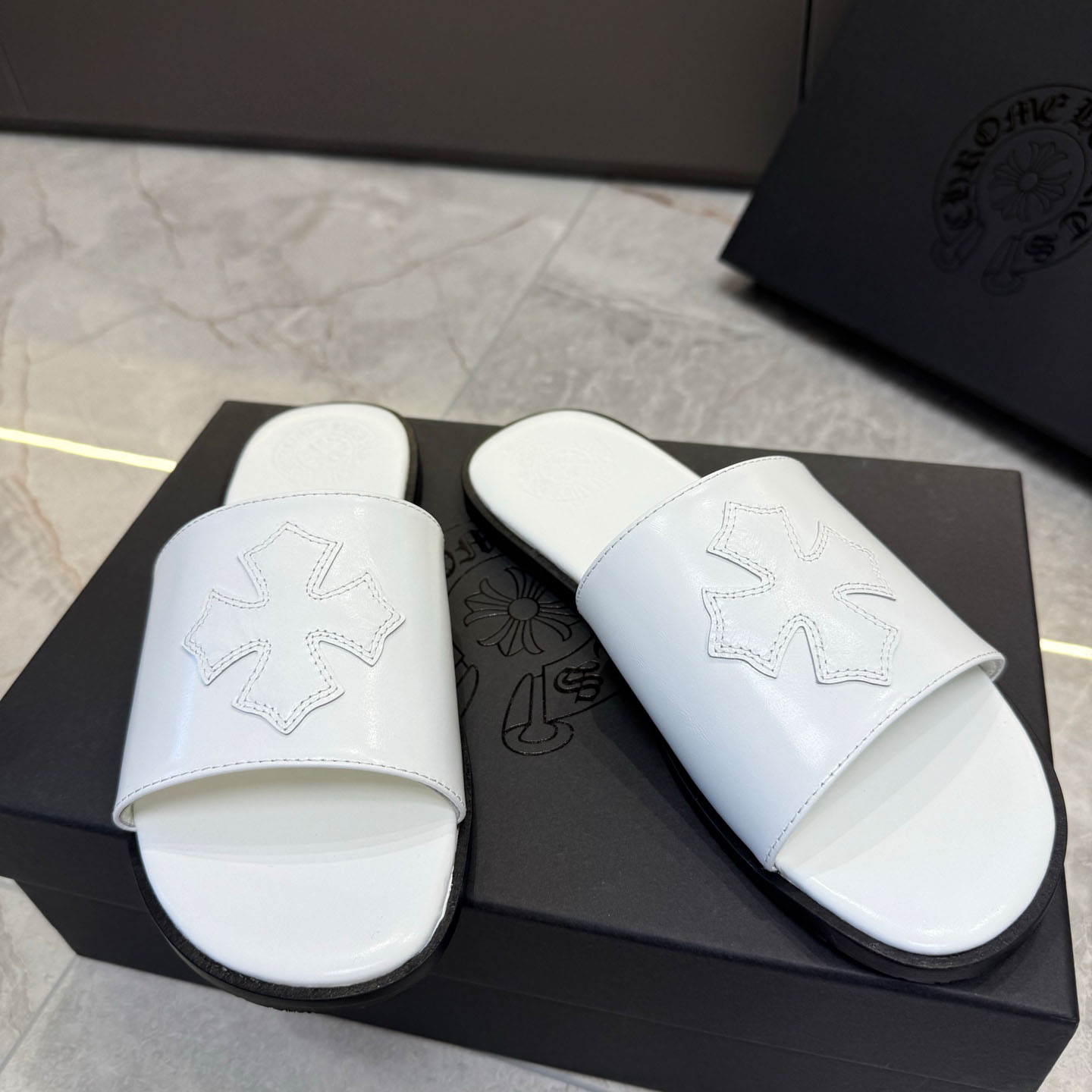 Chrome Hearts White Leather Slide Sandals - FashionPlug