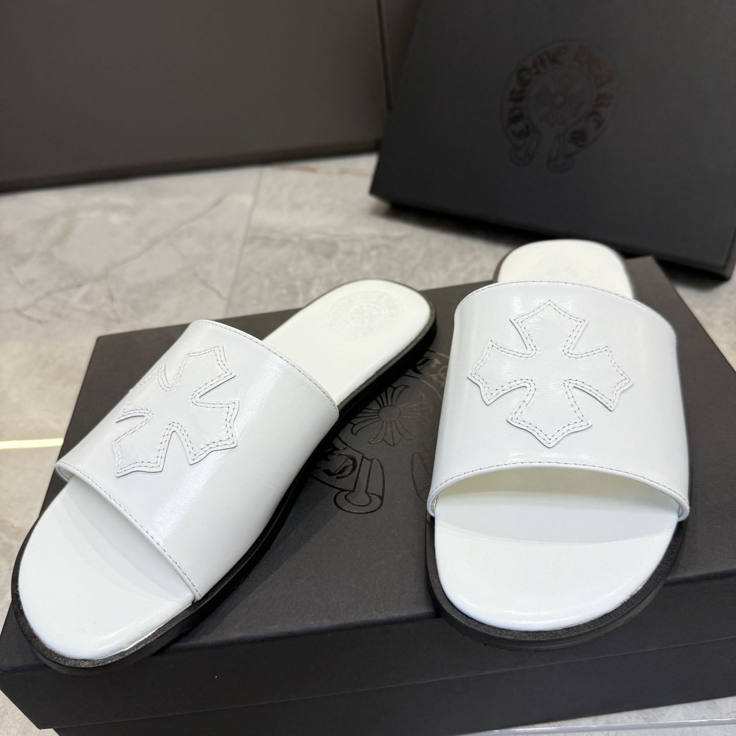 Chrome Hearts White Leather Slide Sandals - FashionPlug