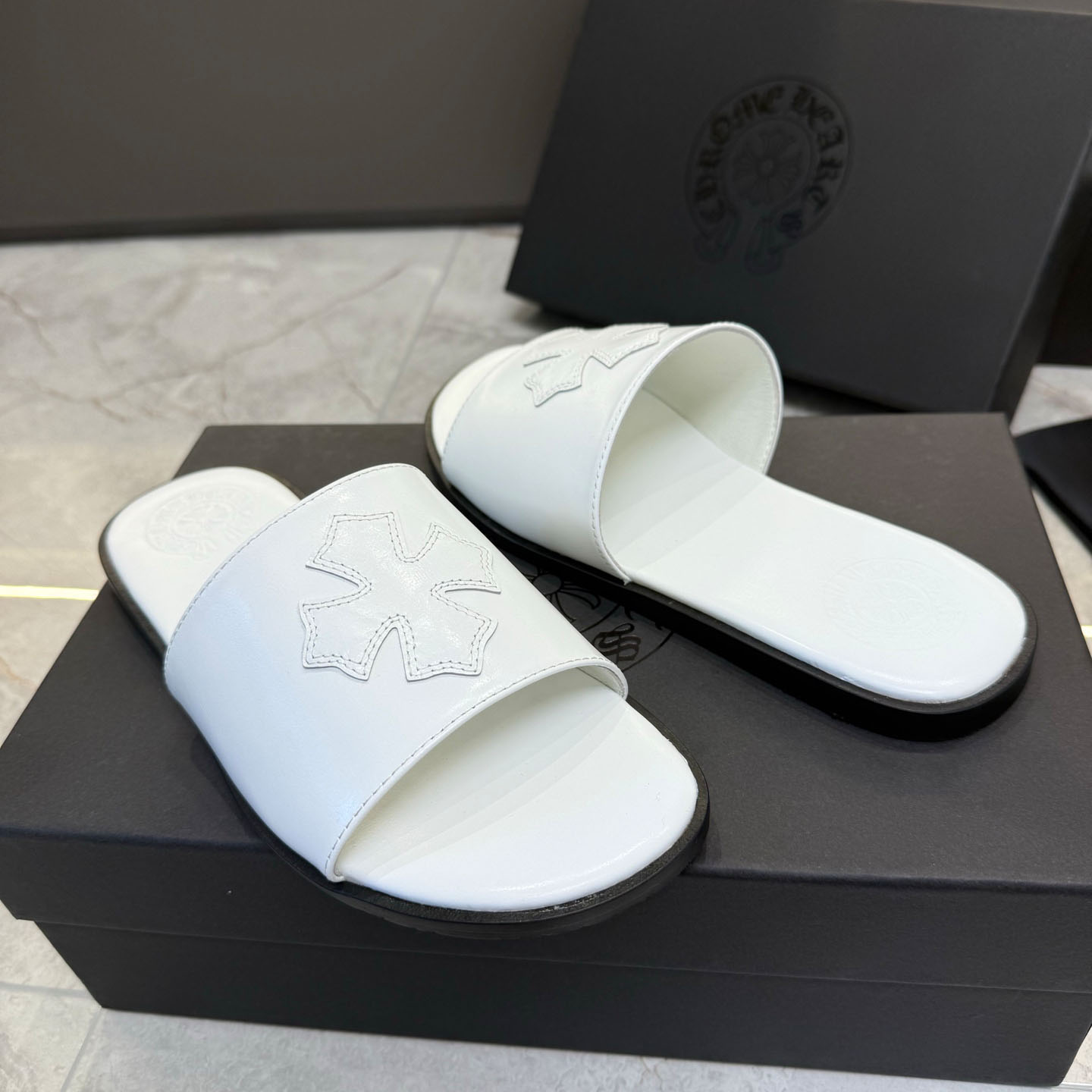 Chrome Hearts White Leather Slide Sandals - FashionPlug