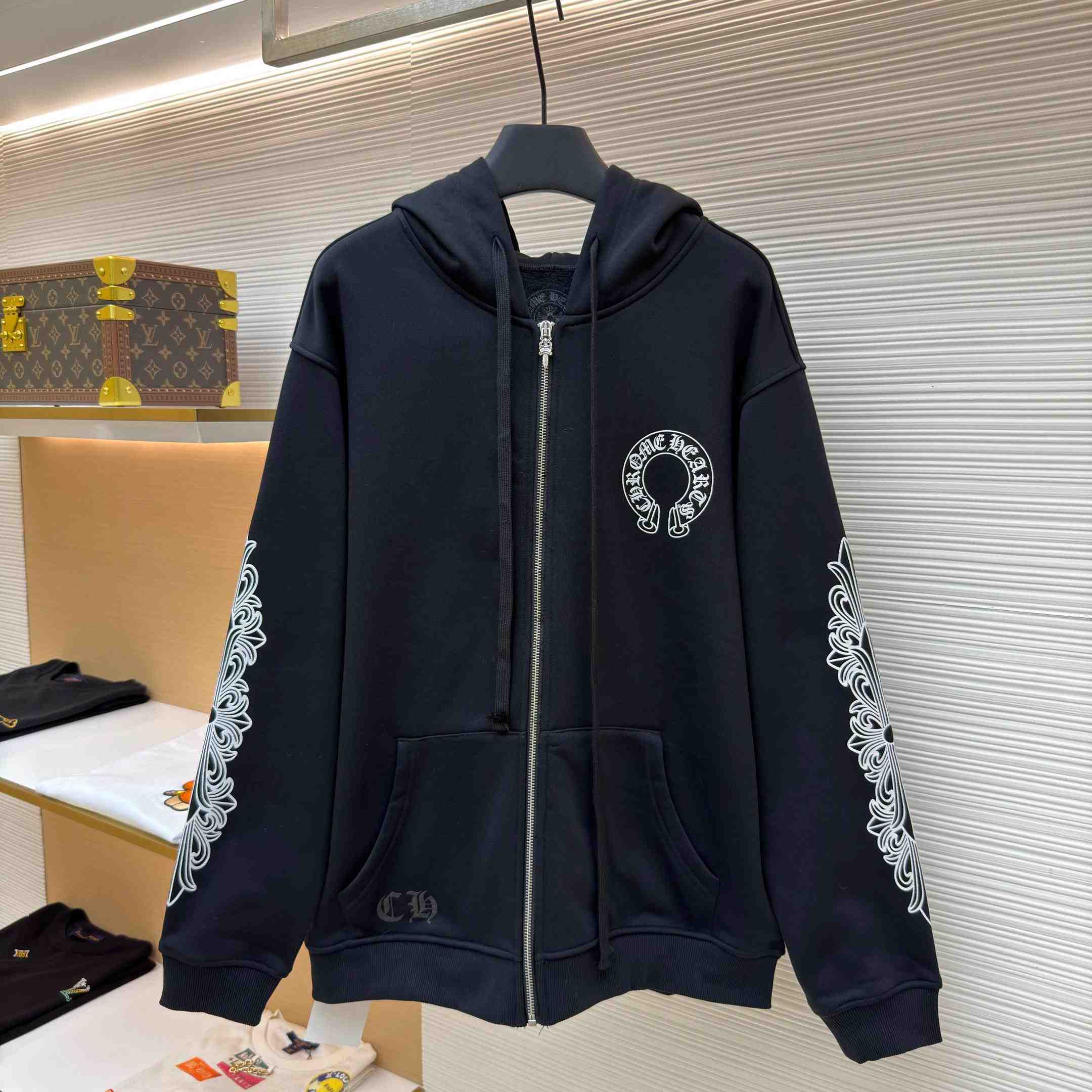 Chrome Hearts Horseshoe-Print Zip-Up Hoodie - FashionPlug
