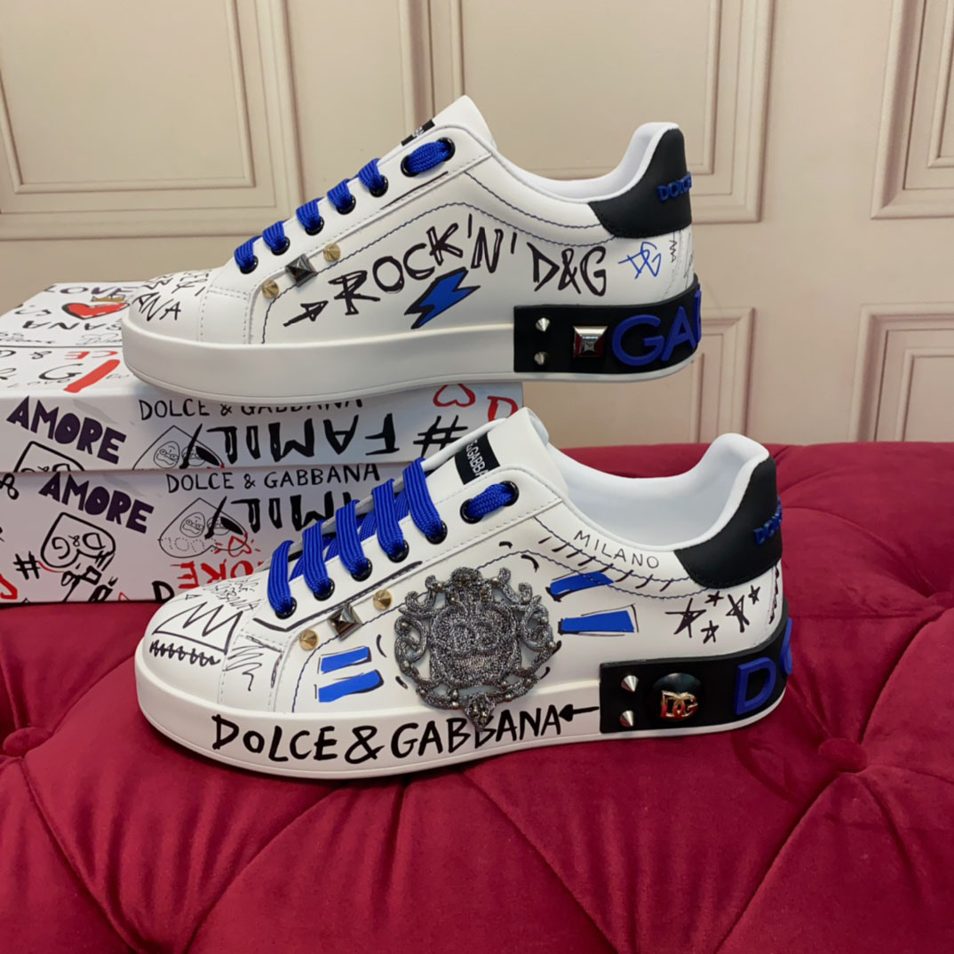 Dolce & Gabbana Calfskin Portofino Sneakers With Patch - FashionPlug