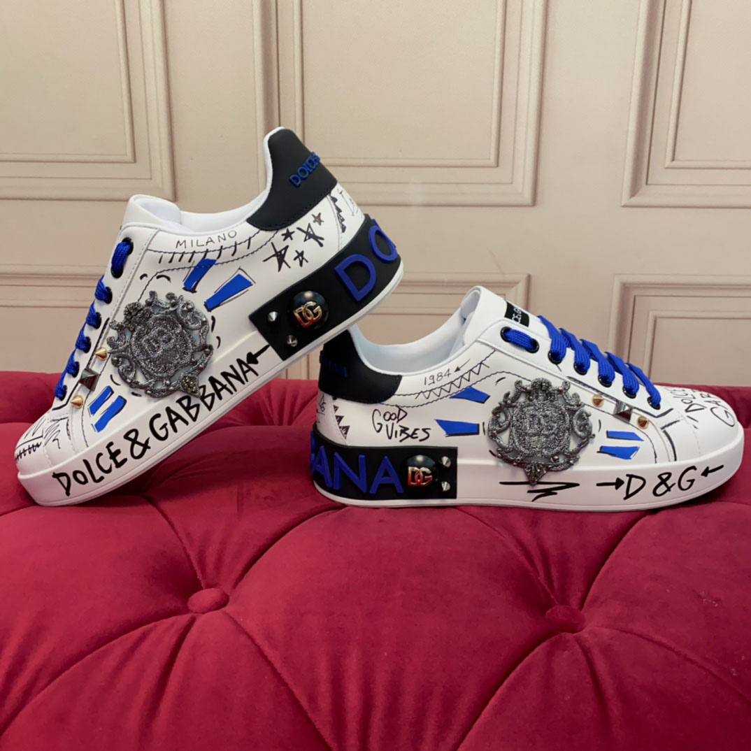 Dolce & Gabbana Calfskin Portofino Sneakers With Patch - FashionPlug