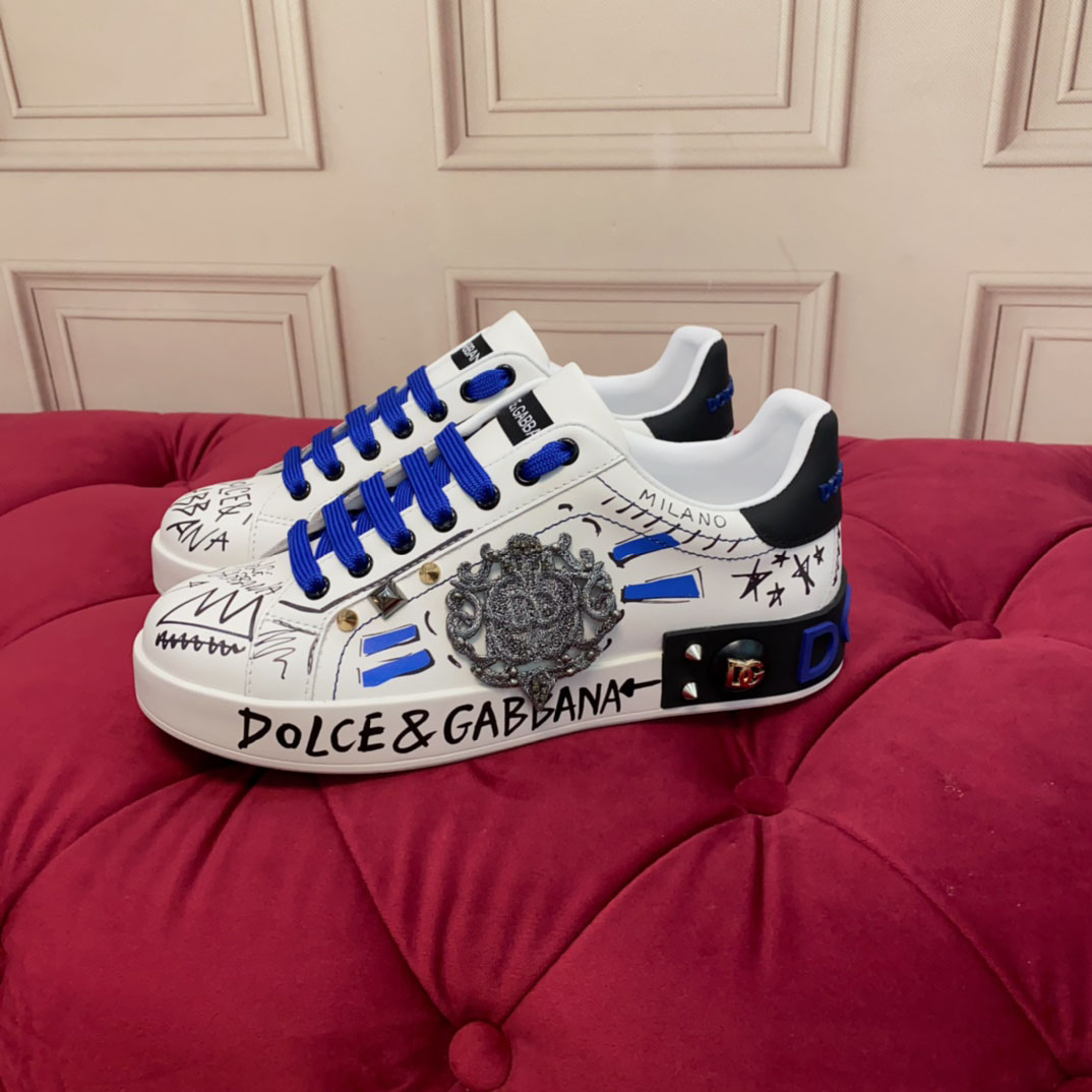Dolce & Gabbana Calfskin Portofino Sneakers With Patch - FashionPlug