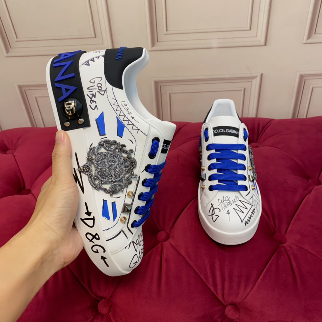 Dolce & Gabbana Calfskin Portofino Sneakers With Patch - FashionPlug