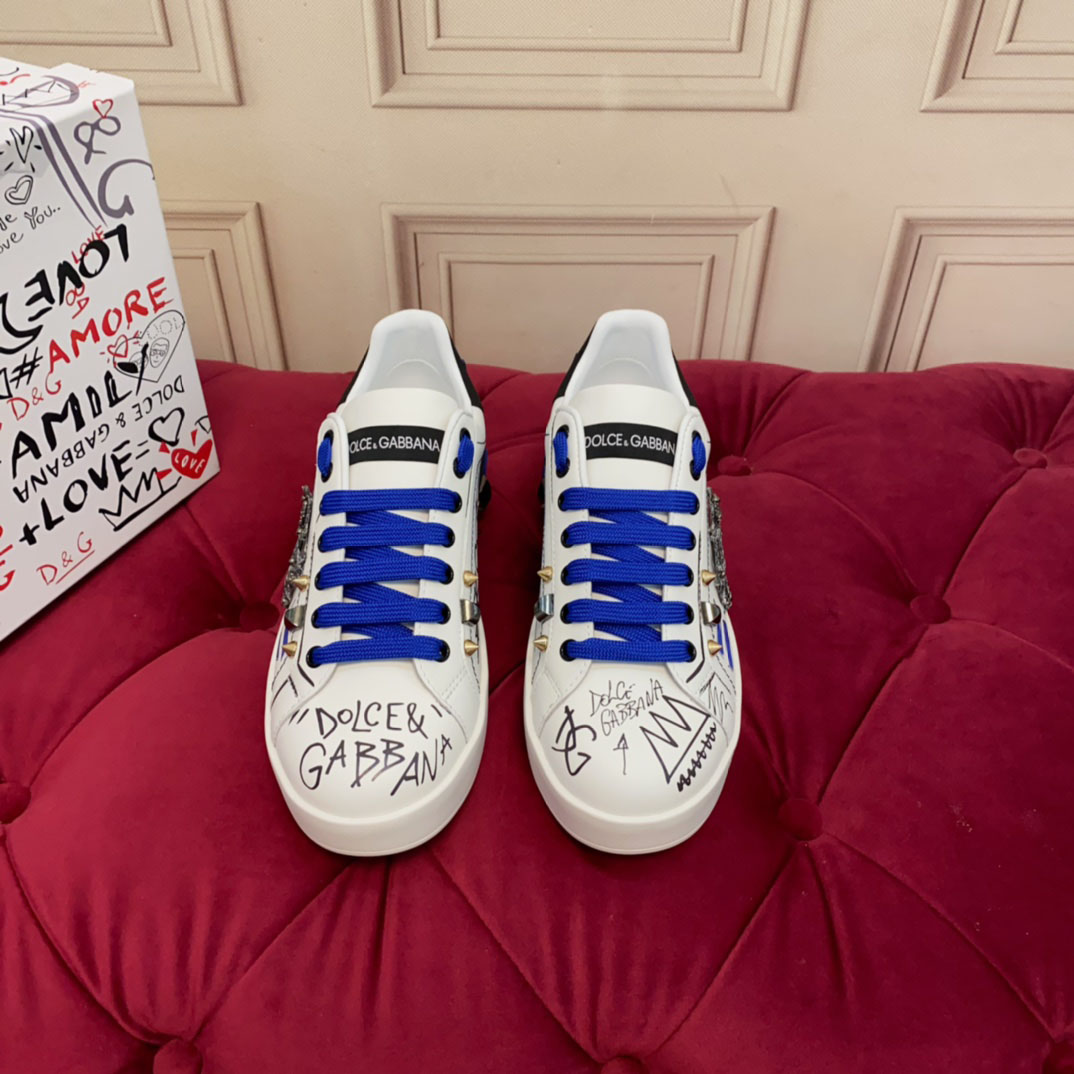 Dolce & Gabbana Calfskin Portofino Sneakers With Patch - FashionPlug