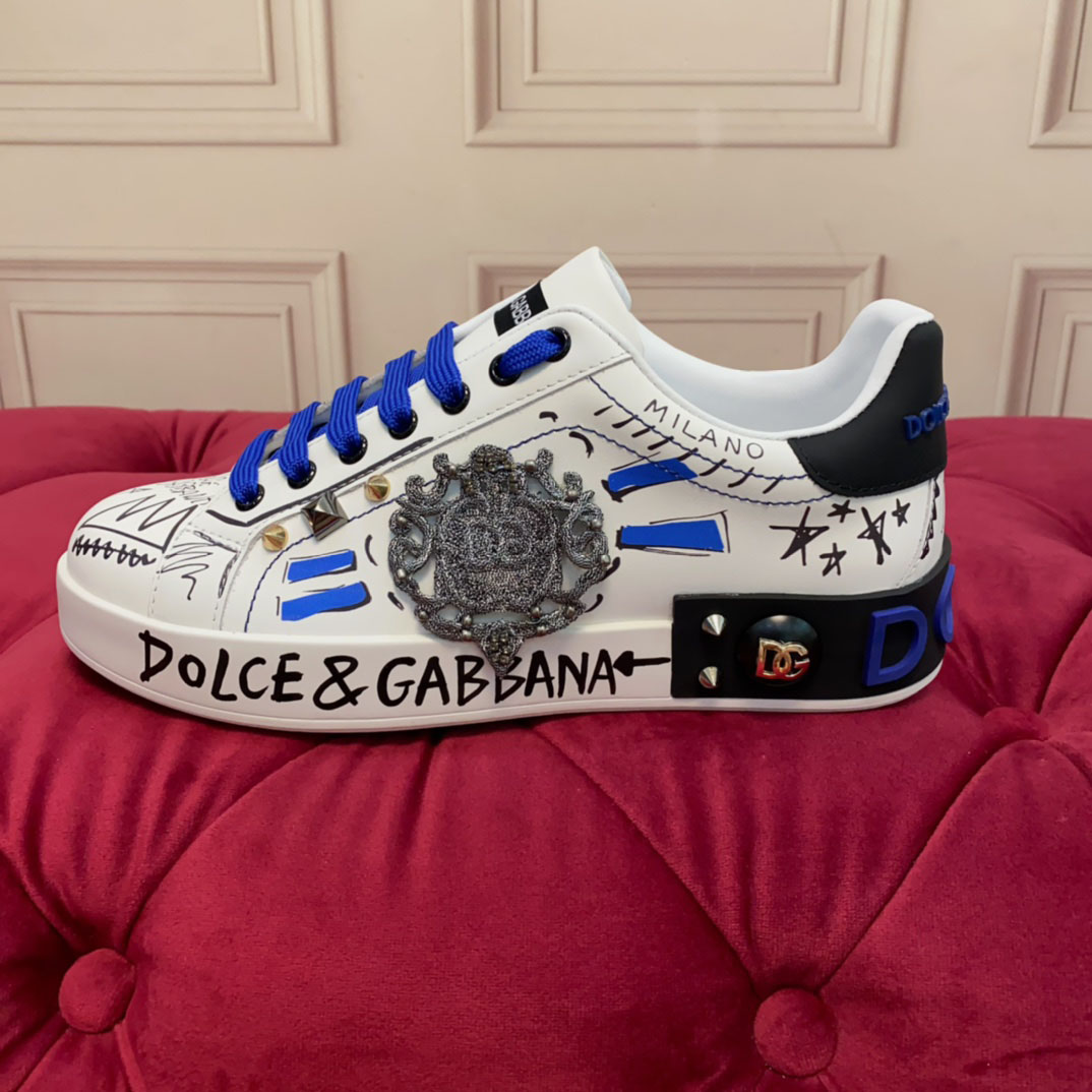 Dolce & Gabbana Calfskin Portofino Sneakers With Patch - FashionPlug