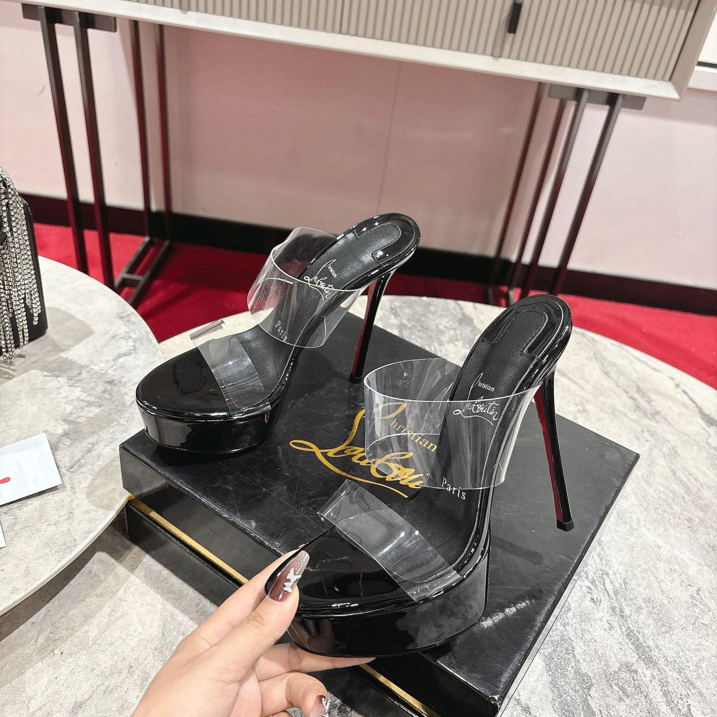 Christian Louboutin 150 MM Mules  TPU And Patent Calf Leather - Black  - FashionPlug