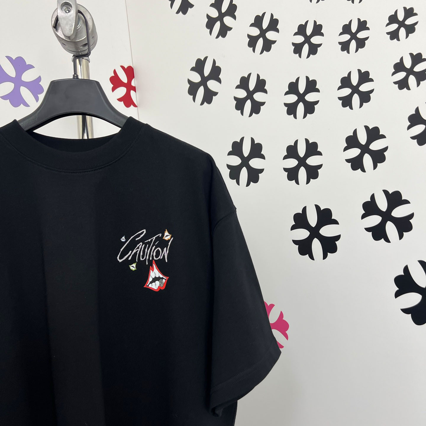 Chrome Hearts Double-Sided CAUTION Script Lips Cross Print Tee - FashionPlug