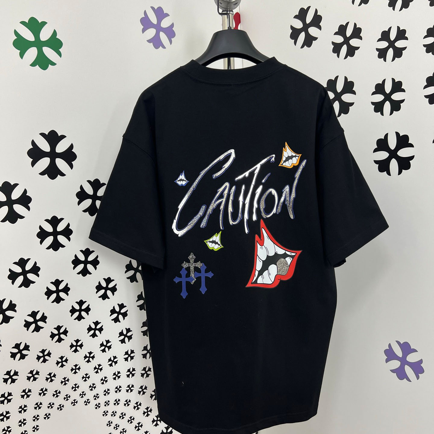Chrome Hearts Double-Sided CAUTION Script Lips Cross Print Tee - FashionPlug