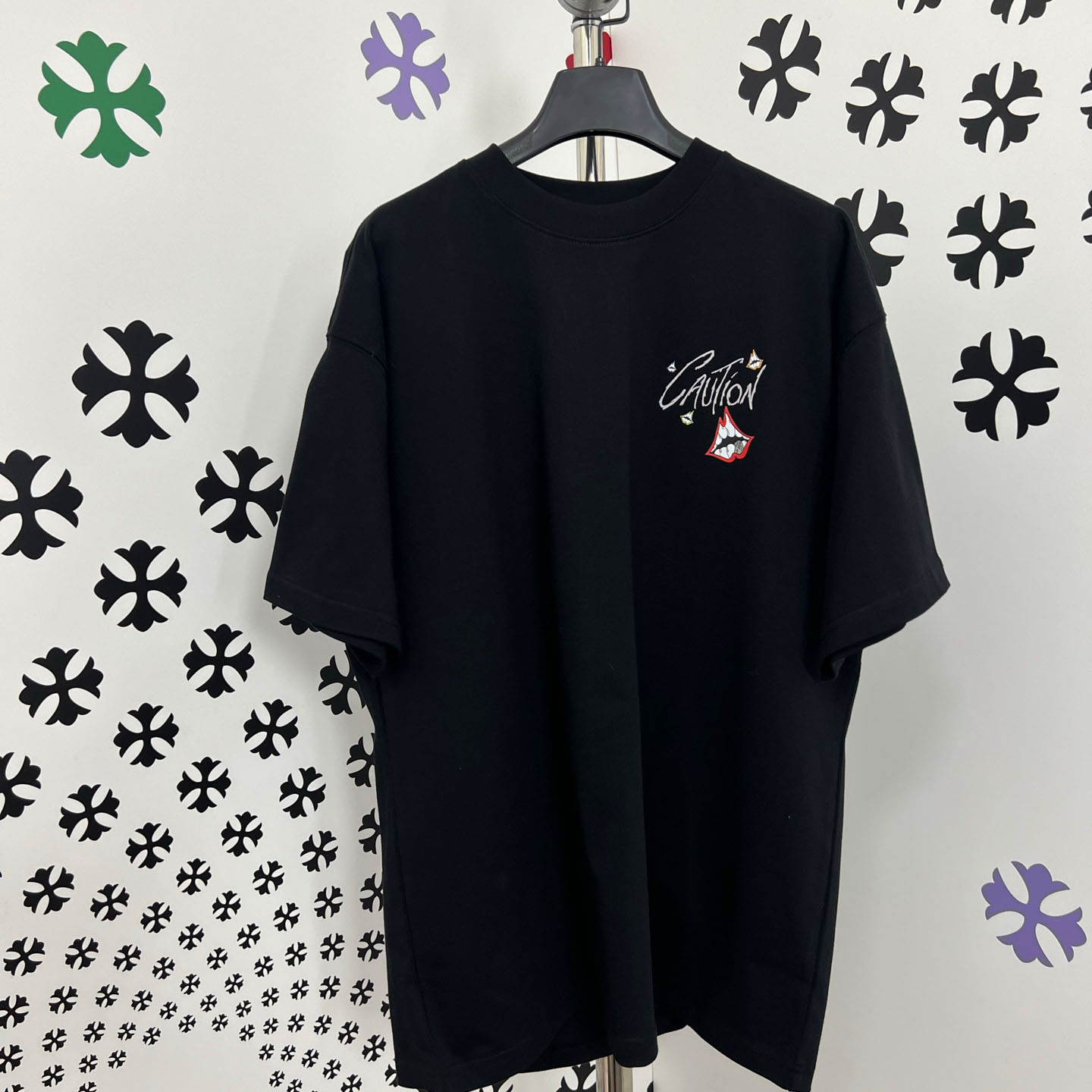Chrome Hearts Double-Sided CAUTION Script Lips Cross Print Tee - FashionPlug