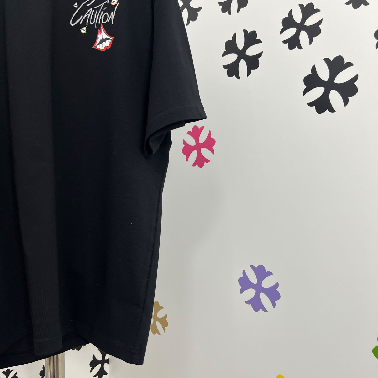 Chrome Hearts Double-Sided CAUTION Script Lips Cross Print Tee - FashionPlug