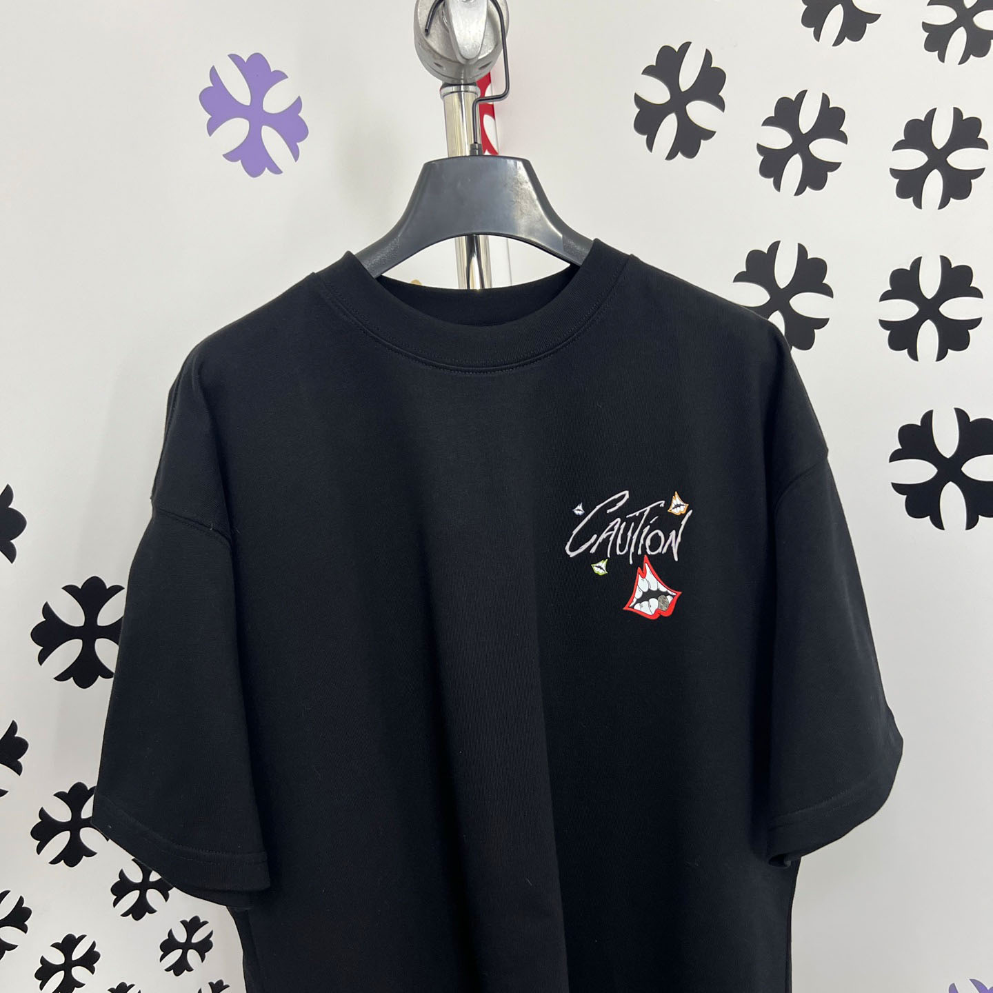 Chrome Hearts Double-Sided CAUTION Script Lips Cross Print Tee - FashionPlug