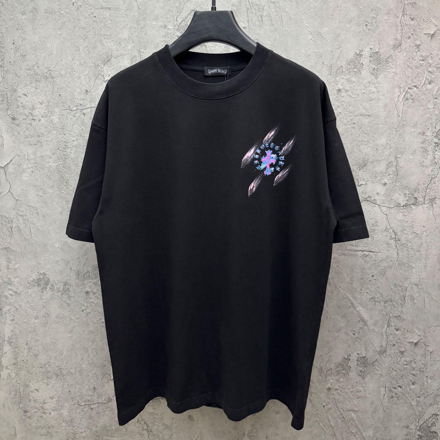 Chrome Hearts Watercolor Graffiti Cross Print Crew Neck T-Shirt - FashionPlug