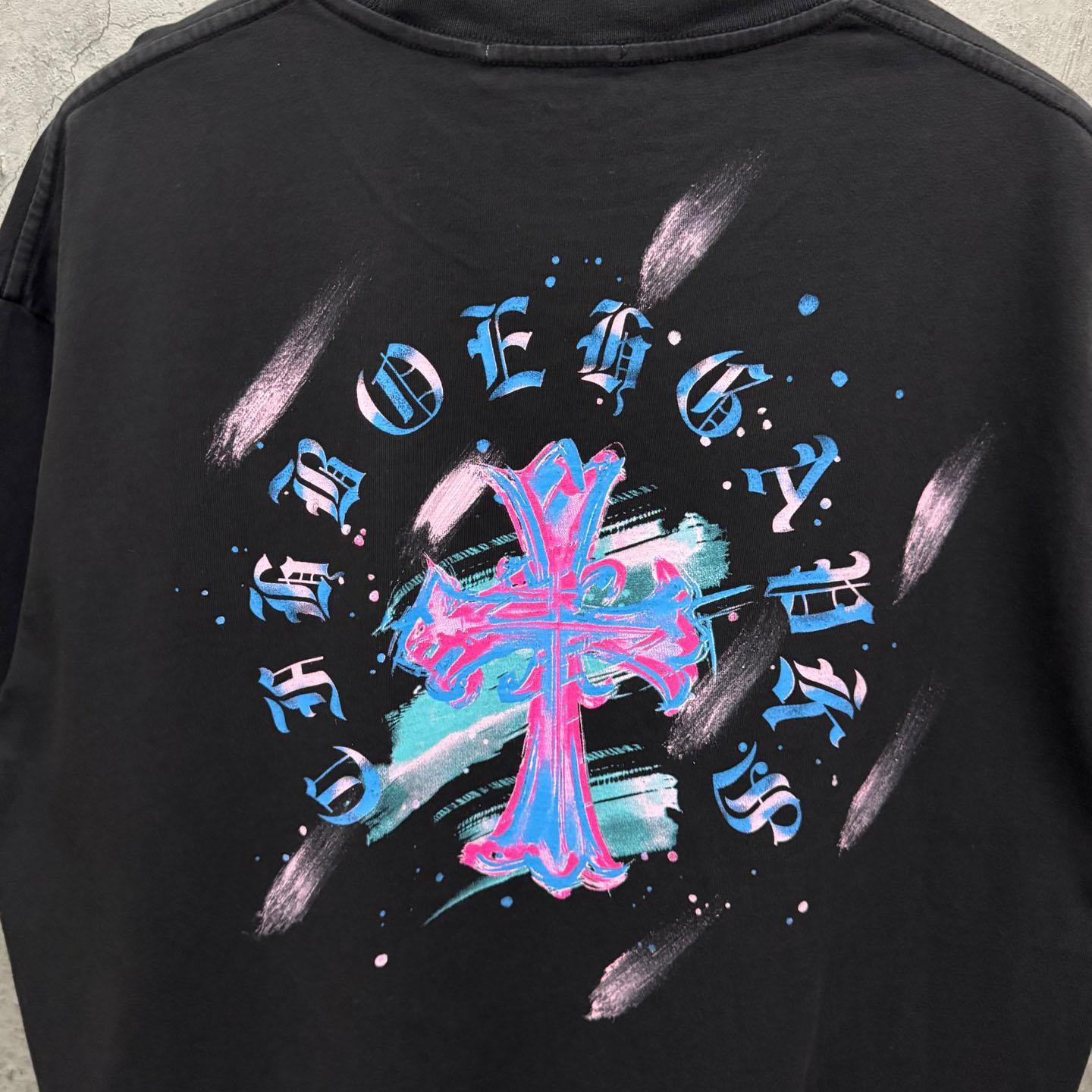 Chrome Hearts Watercolor Graffiti Cross Print Crew Neck T-Shirt - FashionPlug