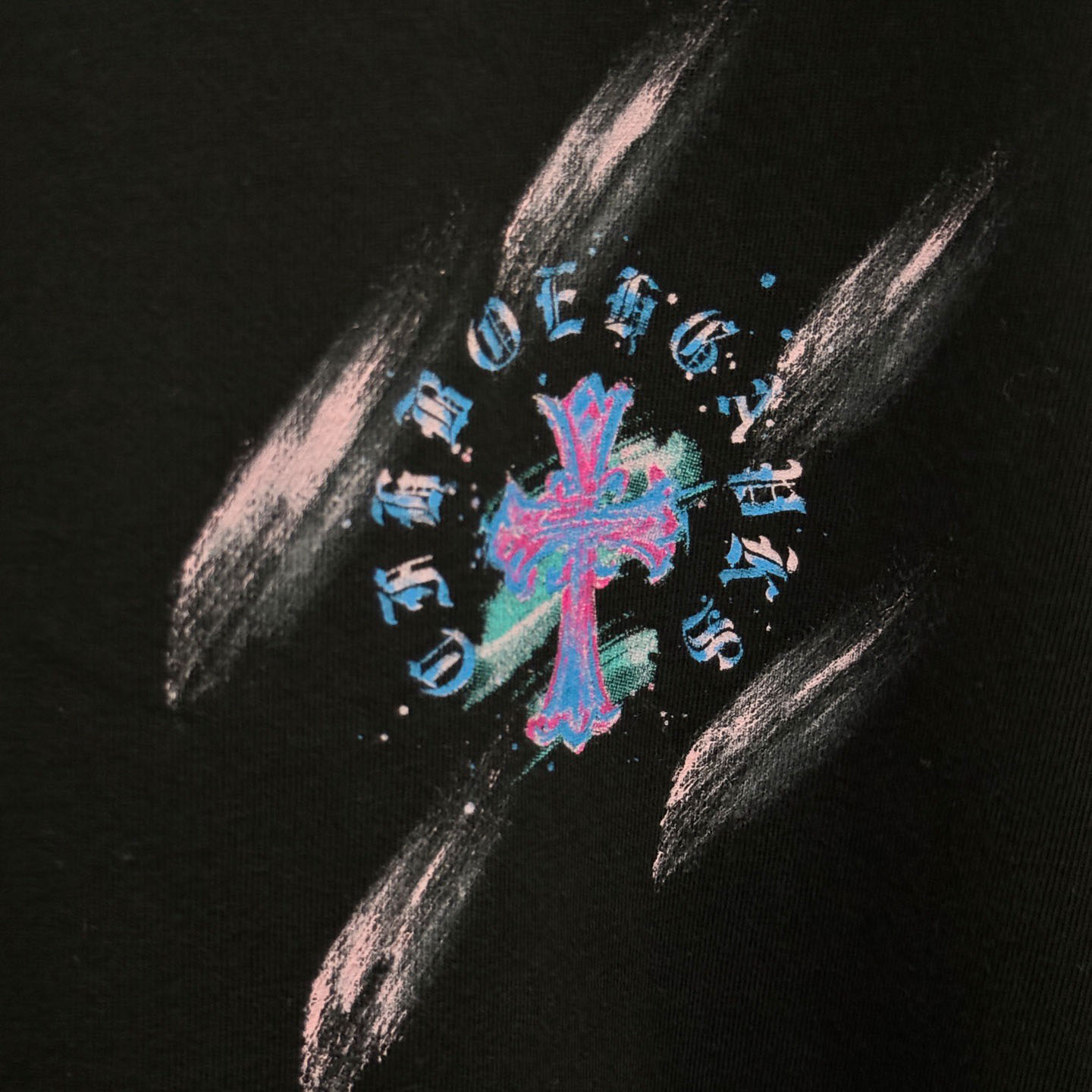 Chrome Hearts Watercolor Graffiti Cross Print Crew Neck T-Shirt - FashionPlug