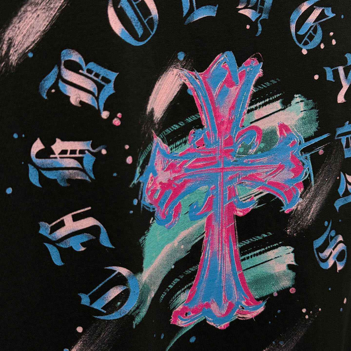 Chrome Hearts Watercolor Graffiti Cross Print Crew Neck T-Shirt - FashionPlug