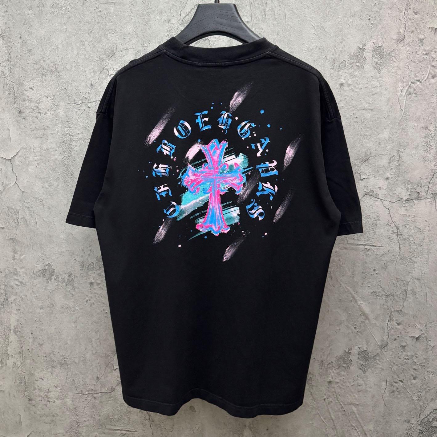 Chrome Hearts Watercolor Graffiti Cross Print Crew Neck T-Shirt - FashionPlug
