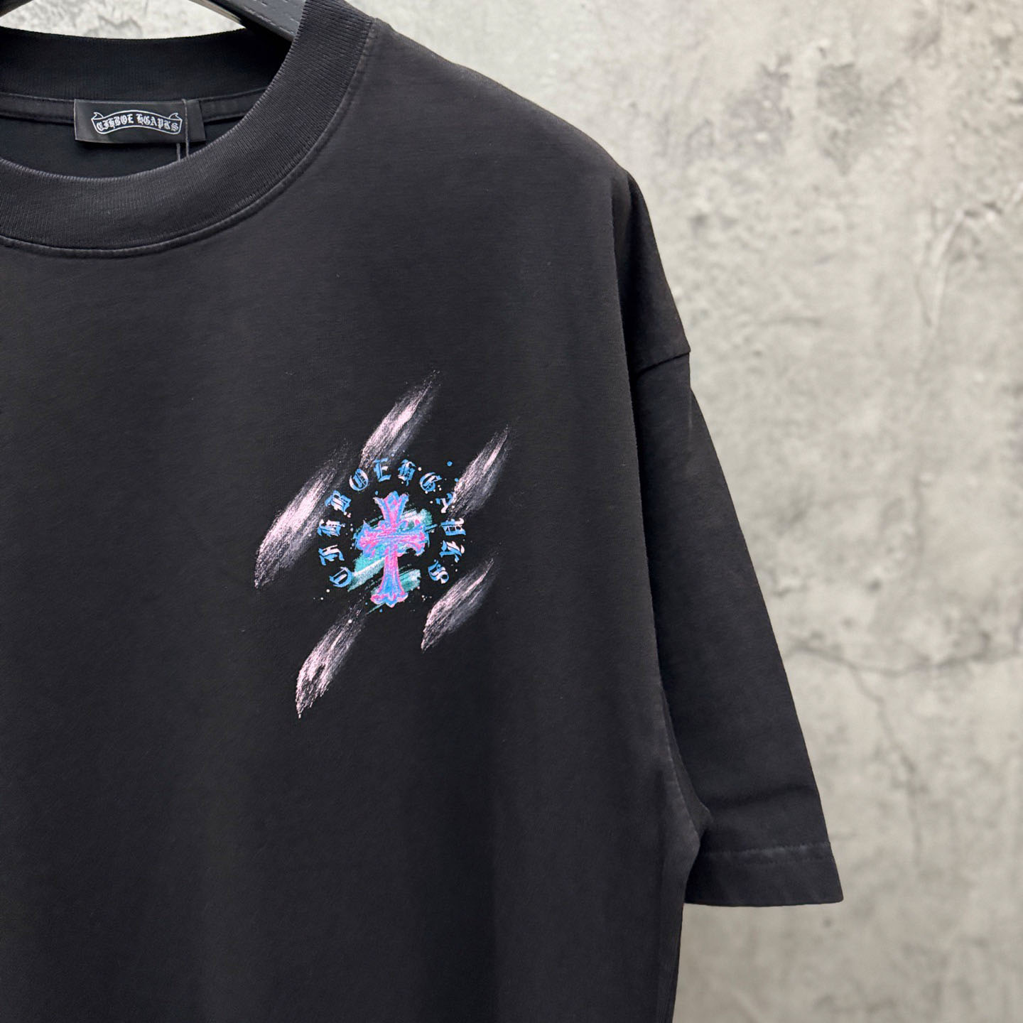 Chrome Hearts Watercolor Graffiti Cross Print Crew Neck T-Shirt - FashionPlug