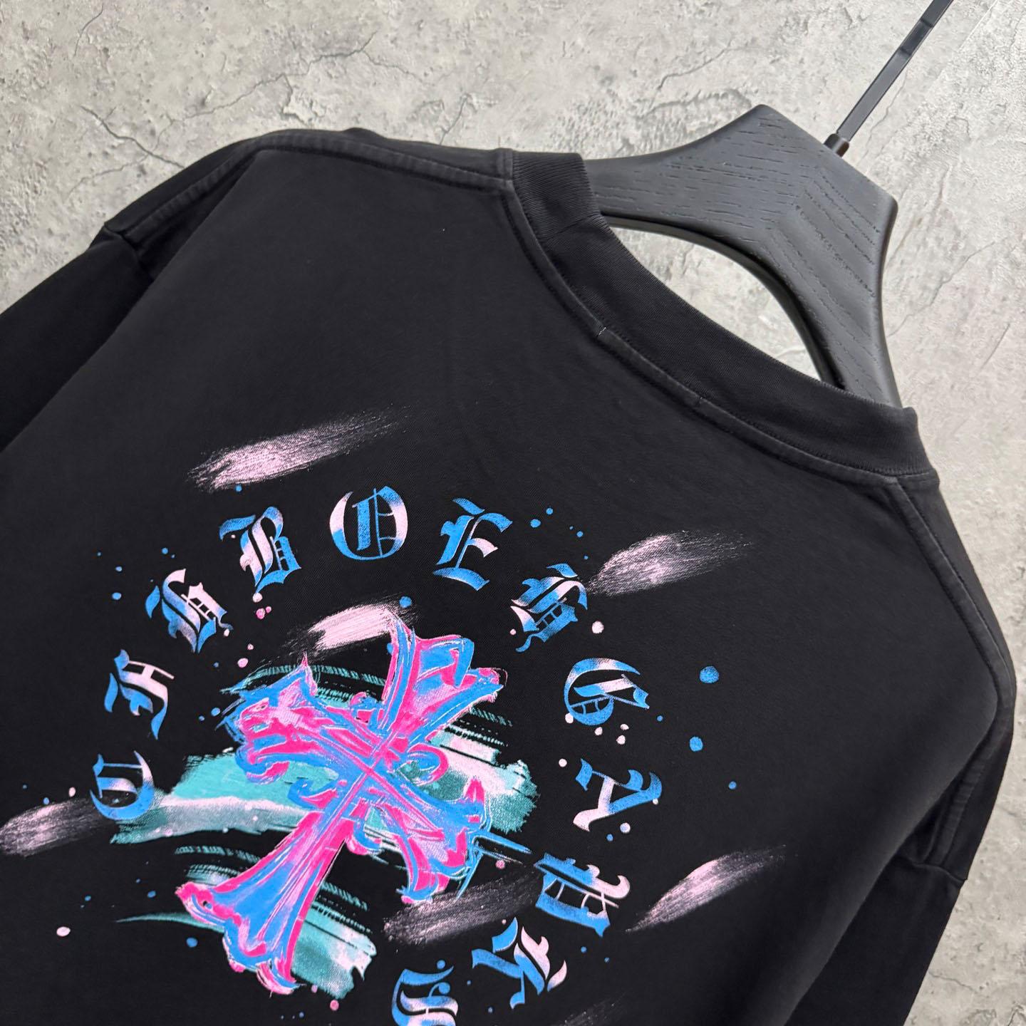 Chrome Hearts Watercolor Graffiti Cross Print Crew Neck T-Shirt - FashionPlug