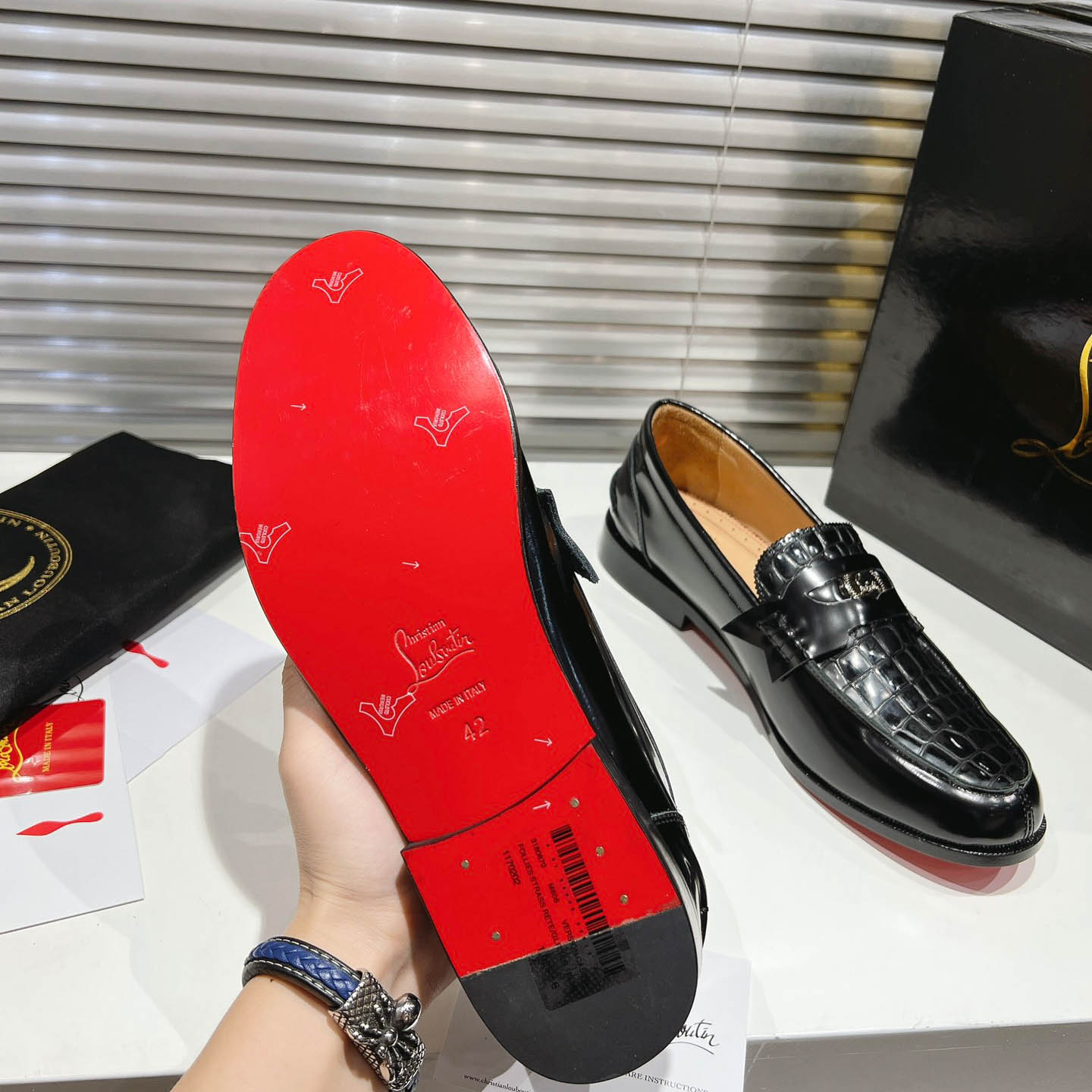 Christian Louboutin Chambelimoc Alligator-Print Embossed Loafers - FashionPlug