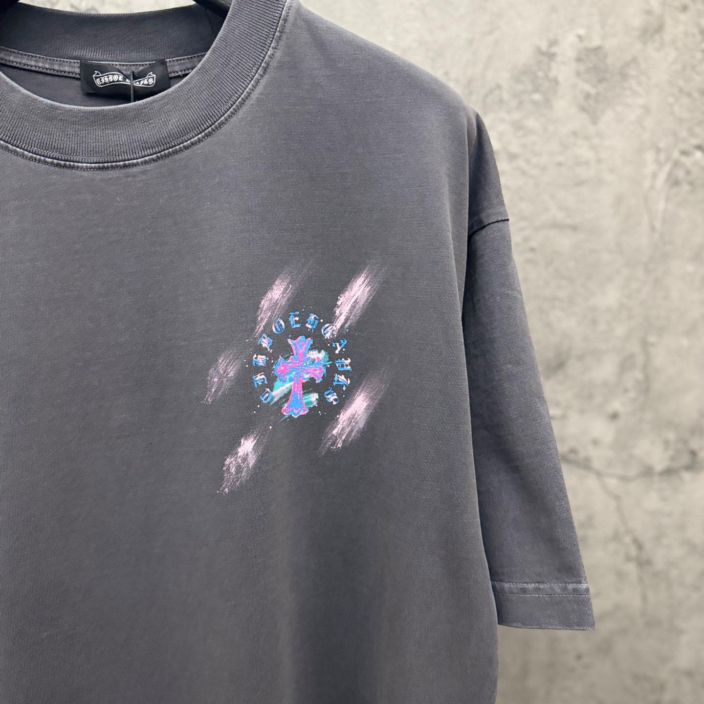 Chrome Hearts Watercolor Graffiti Cross Print Crew Neck T-Shirt - FashionPlug