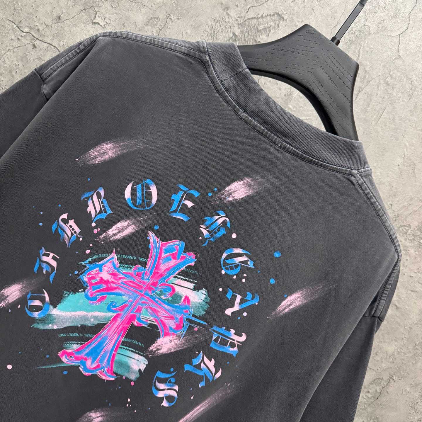 Chrome Hearts Watercolor Graffiti Cross Print Crew Neck T-Shirt - FashionPlug