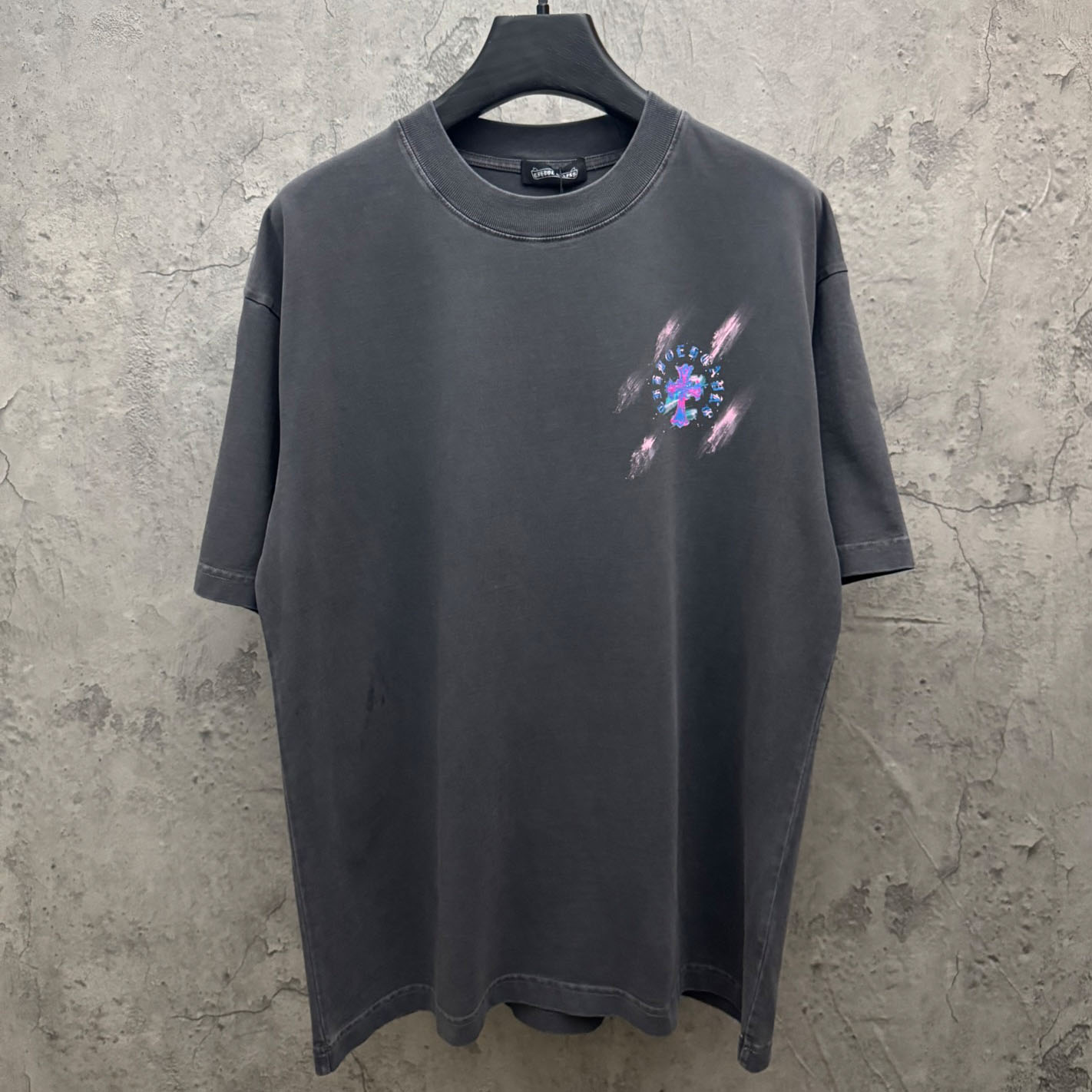 Chrome Hearts Watercolor Graffiti Cross Print Crew Neck T-Shirt - FashionPlug