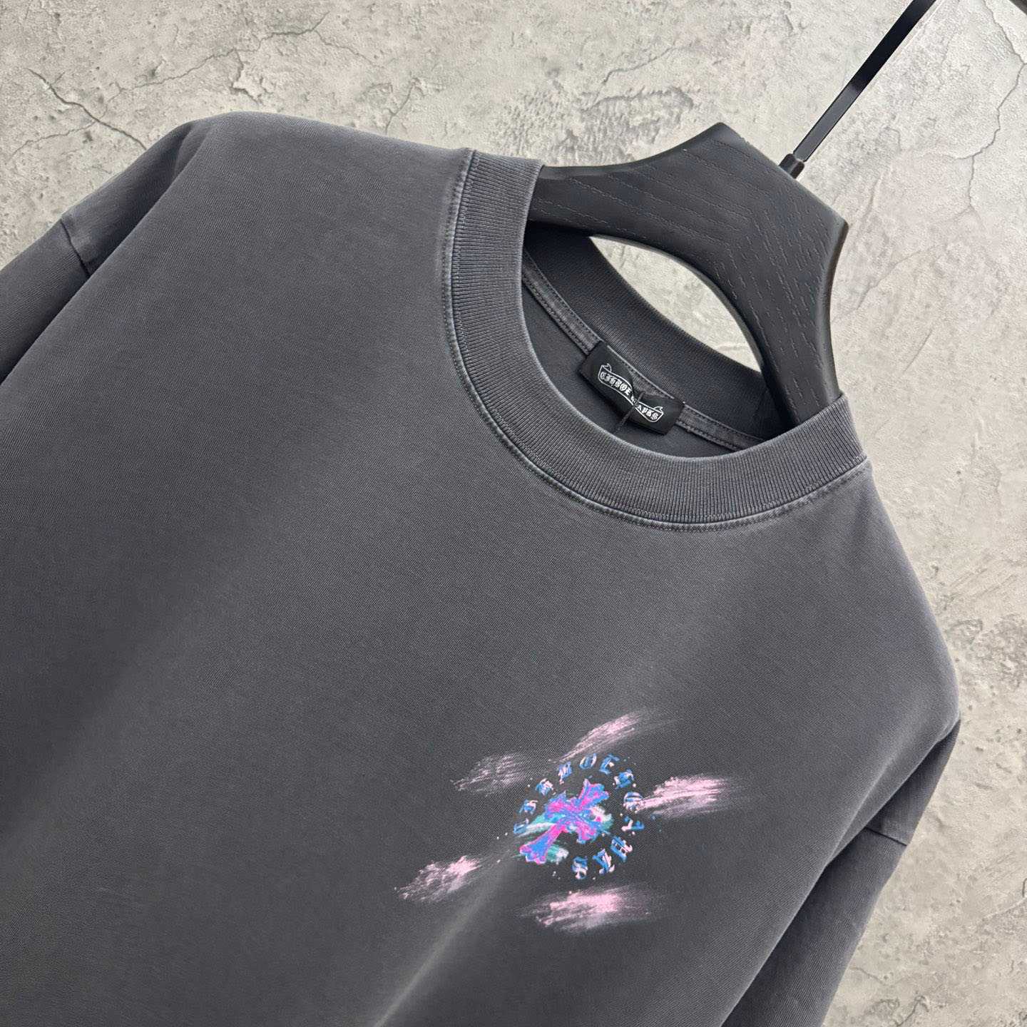 Chrome Hearts Watercolor Graffiti Cross Print Crew Neck T-Shirt - FashionPlug