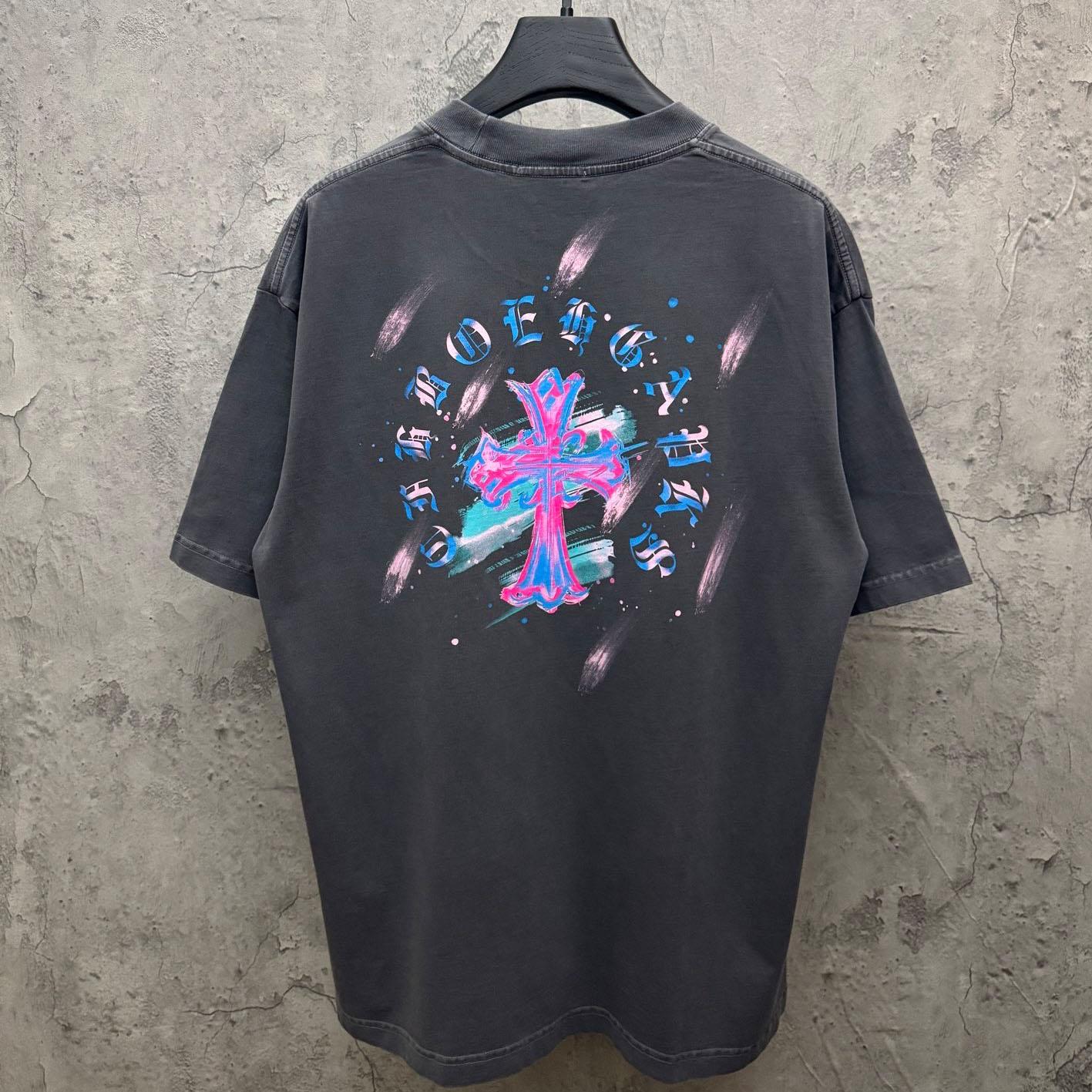 Chrome Hearts Watercolor Graffiti Cross Print Crew Neck T-Shirt - FashionPlug