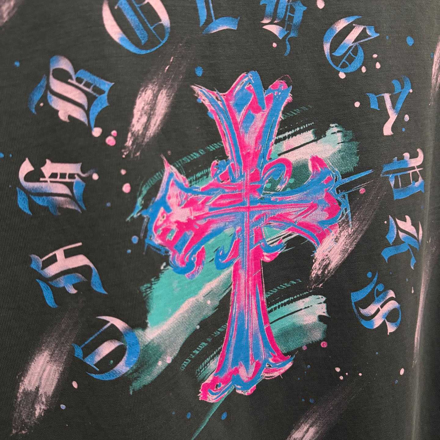 Chrome Hearts Watercolor Graffiti Cross Print Crew Neck T-Shirt - FashionPlug
