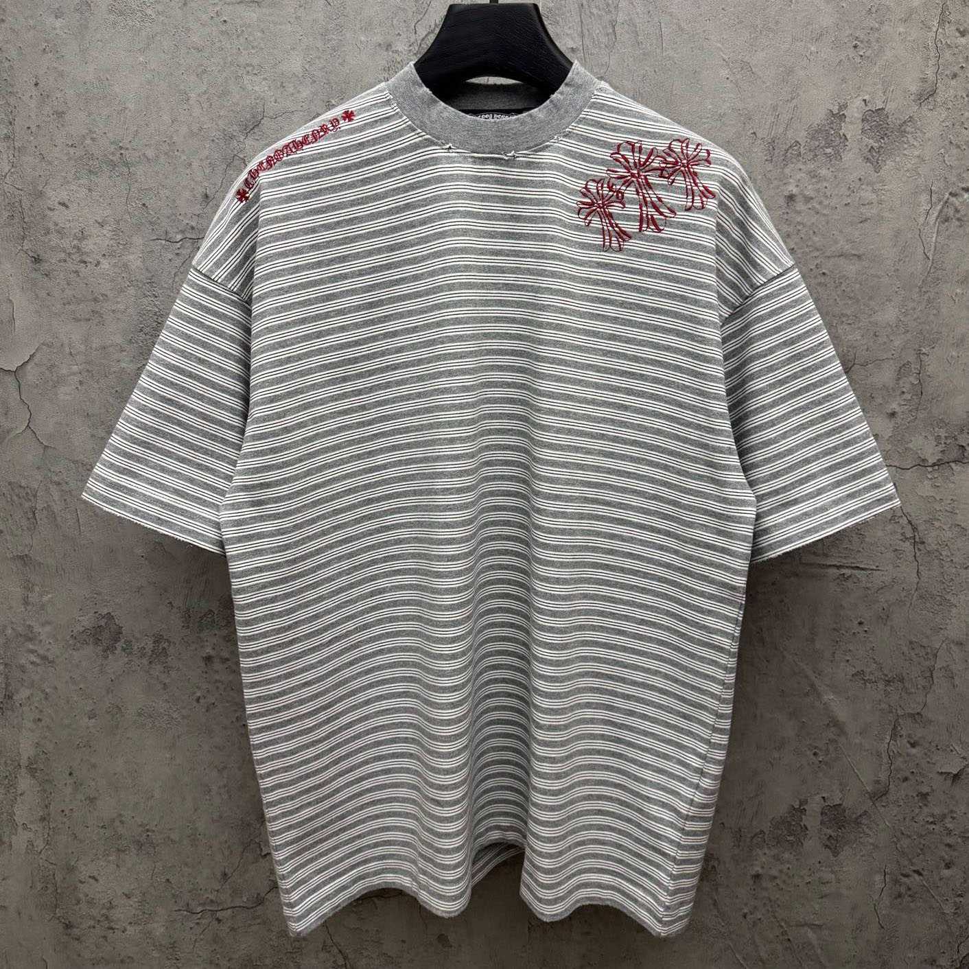 Chrome Hearts Striped Cross Sanskrit Embroidery Crew Neck T-Shirt - FashionPlug