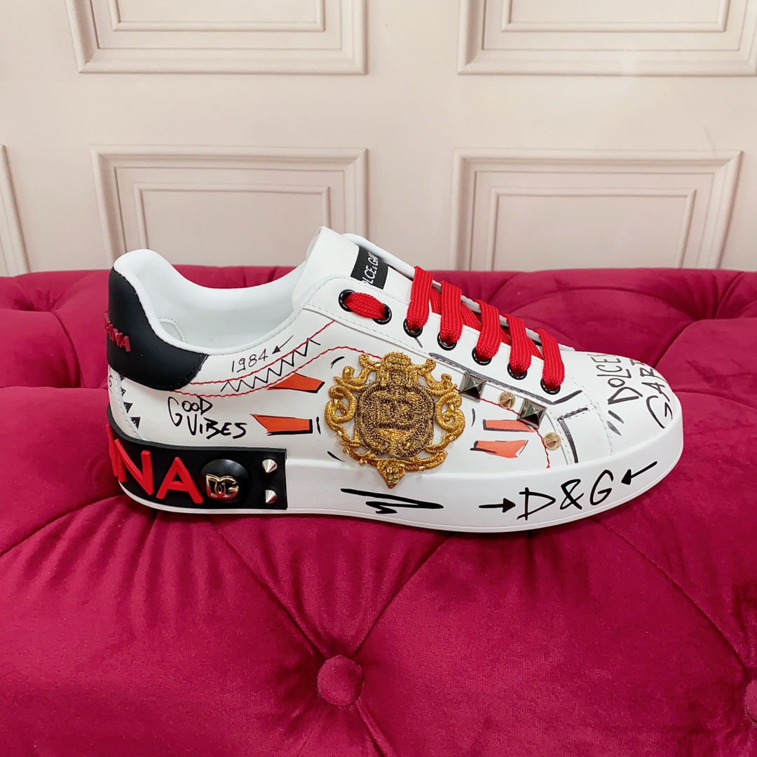 Dolce & Gabbana Calfskin Portofino Sneakers With Embroidery And Studs - FashionPlug