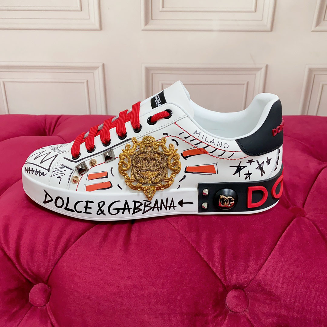 Dolce & Gabbana Calfskin Portofino Sneakers With Embroidery And Studs - FashionPlug