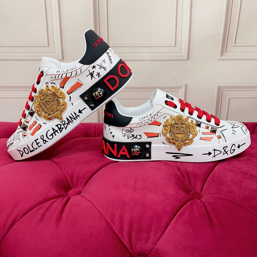 Dolce & Gabbana Calfskin Portofino Sneakers With Embroidery And Studs - FashionPlug